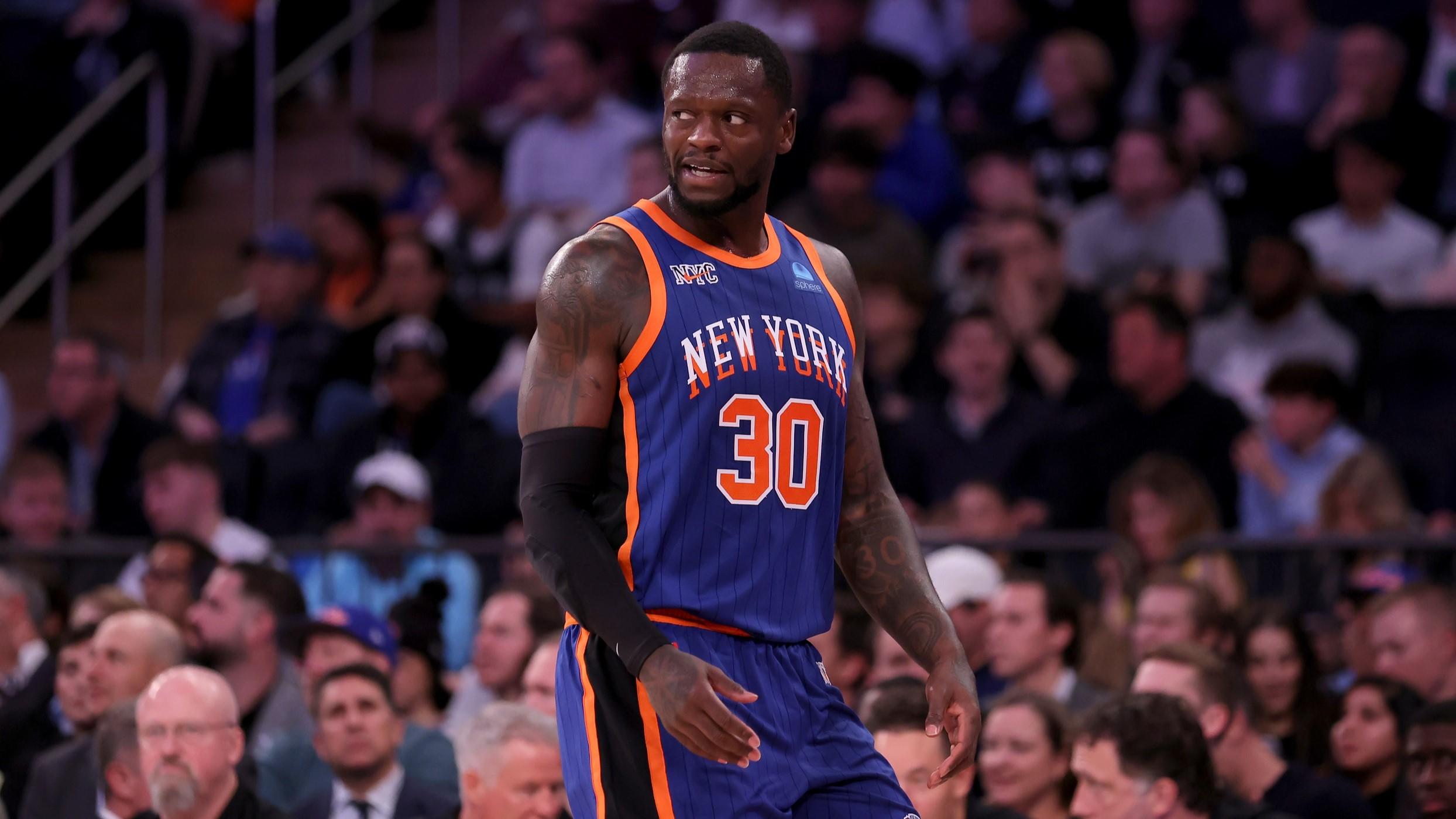 Nov 8, 2023; New York, New York, USA; New York Knicks forward Julius Randle (30) reacts during the third quarter against the San Antonio Spurs at Madison Square Garden.