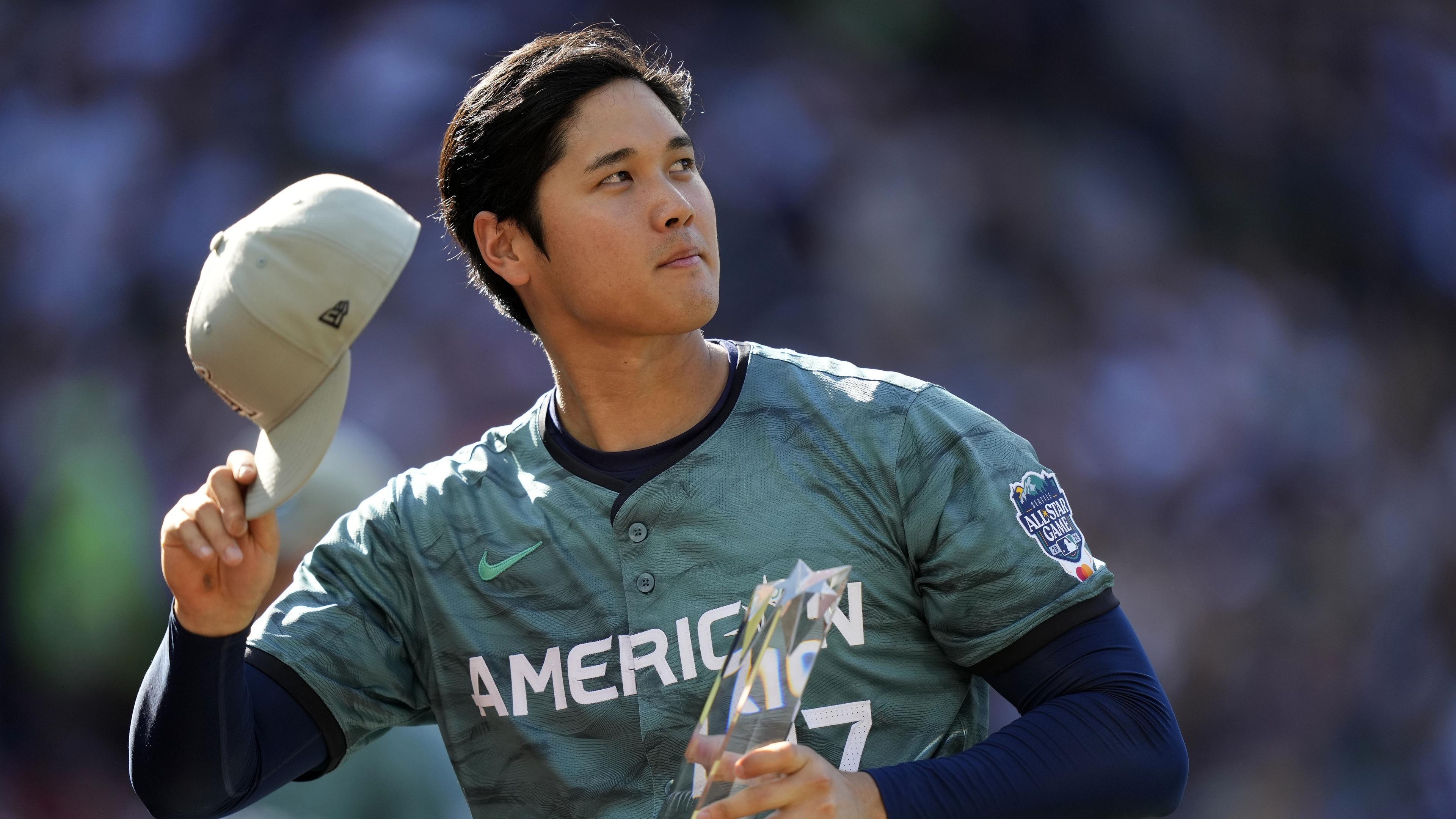 Jul 11, 2023; Seattle, Washington, USA; American League designated hitter/pitcher Shohei Ohtani of the Los Angeles Angels of Anaheim (17) reacts during the second inning at T-Mobile Park.