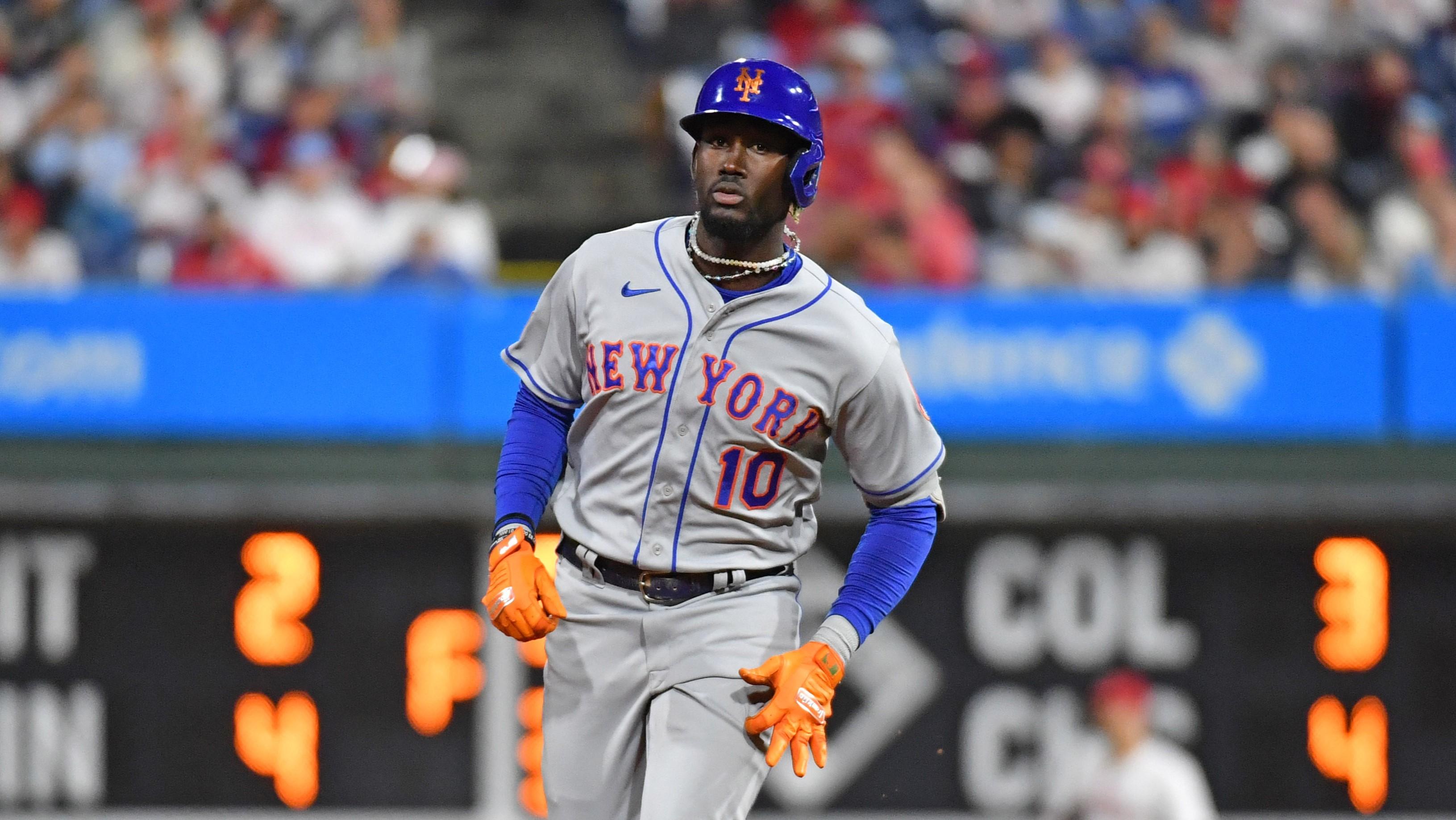 Sep 24, 2023; Philadelphia, Pennsylvania, USA; New York Mets shortstop Ronny Mauricio (10) runs the bases after hitting a two run home run during the sixth inning against the Philadelphia Phillies at Citizens Bank Park. Mandatory Credit: Eric Hartline-USA TODAY Sports