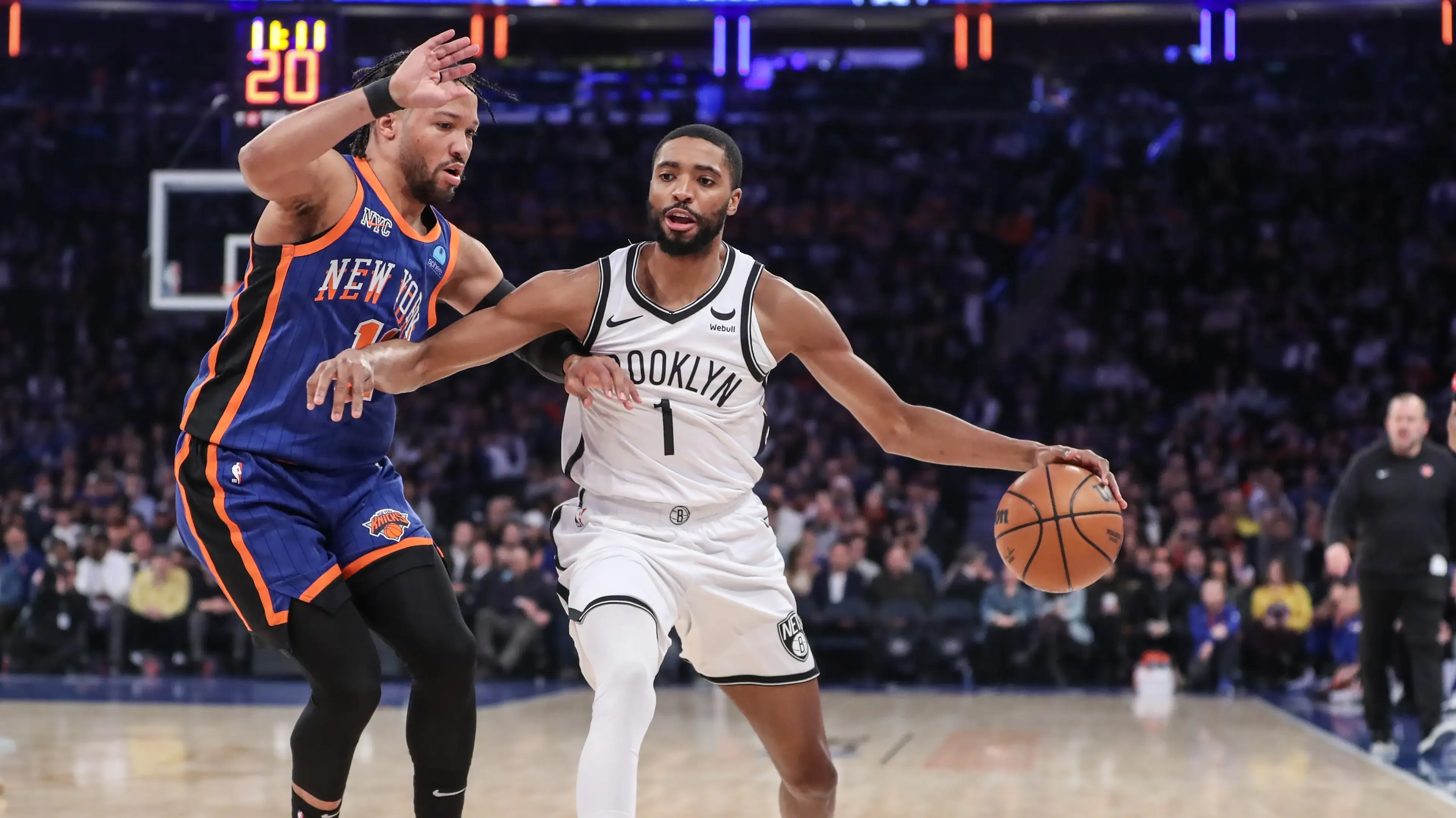 Mar 23, 2024; New York, New York, USA; Brooklyn Nets forward Mikal Bridges (1) looks to drive past New York Knicks guard Jalen Brunson (11) in the first quarter at Madison Square Garden. Mandatory Credit: Wendell Cruz-USA TODAY Sports / © Wendell Cruz-USA TODAY Sports