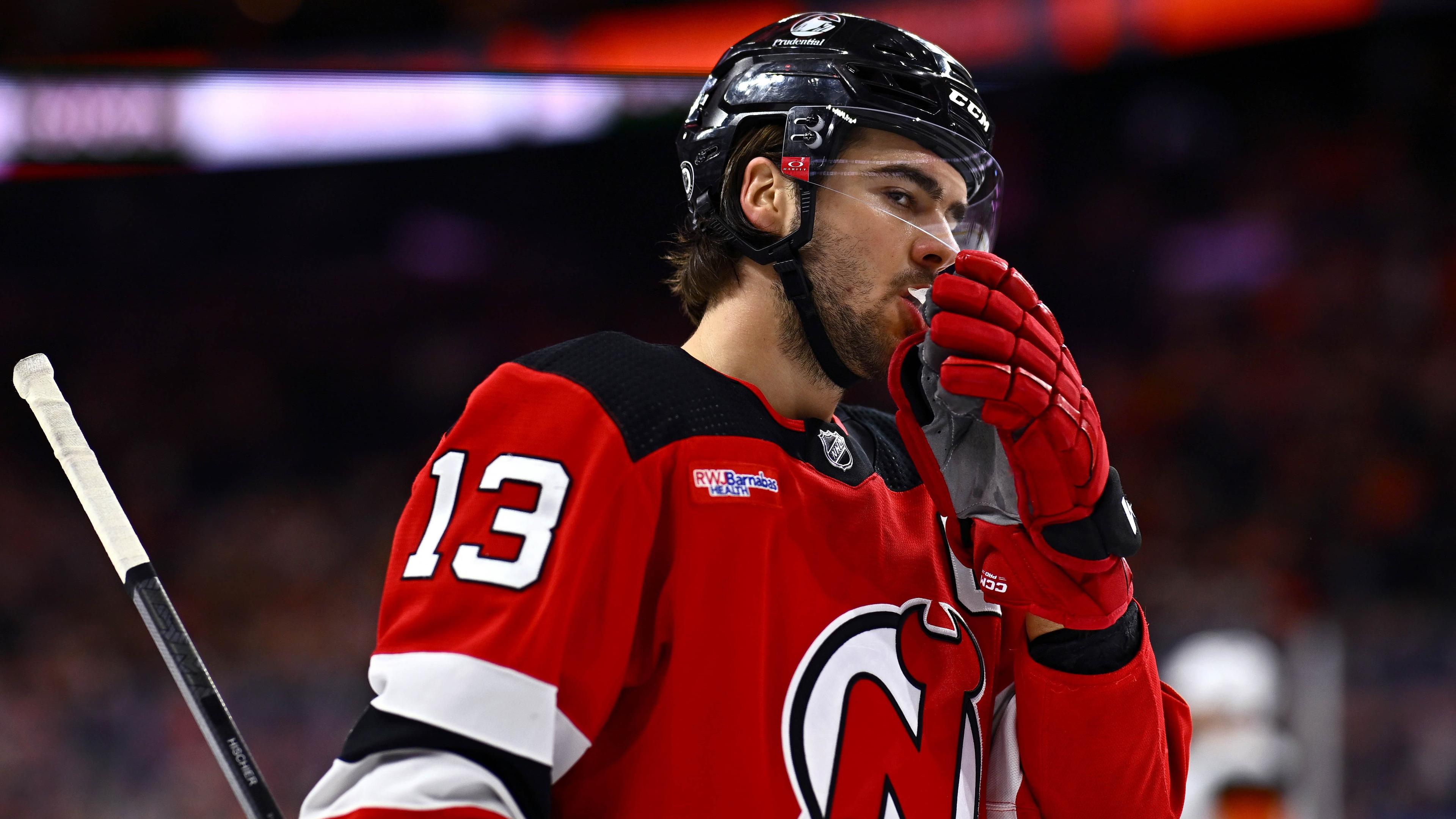 New Jersey Devils center Nico Hischier (13) looks on against the Philadelphia Flyers in the first period at Wells Fargo Center / Kyle Ross - Imagn Images