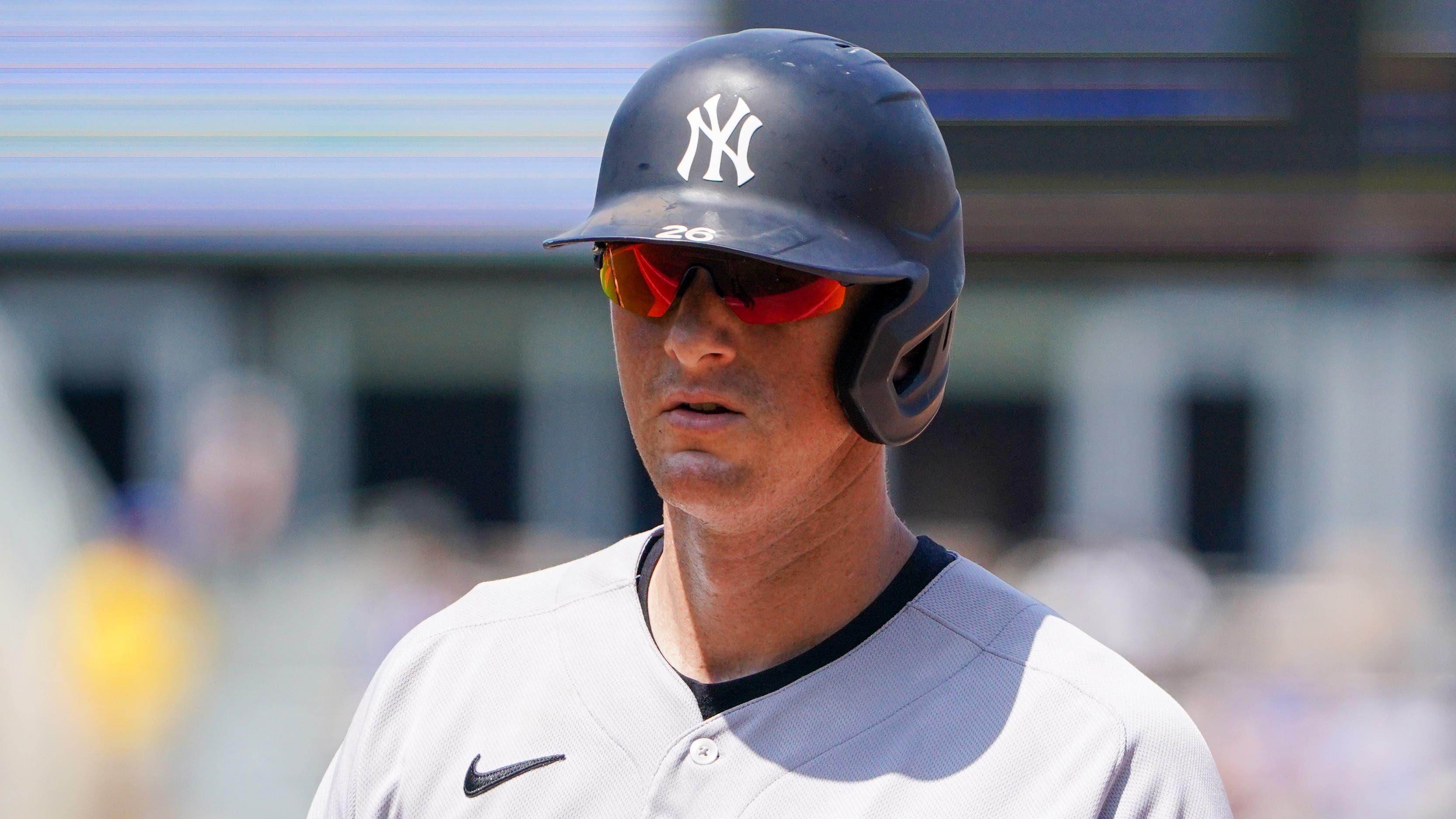 Aug 11, 2021; Kansas City, Missouri, USA; New York Yankees second baseman DJ LeMahieu (26) celebrates after hitting a two run single in the fourth inning against the Kansas City Royals at Kauffman Stadium. Mandatory Credit: Denny Medley-USA TODAY Sports / Denny Medley-USA TODAY Sports