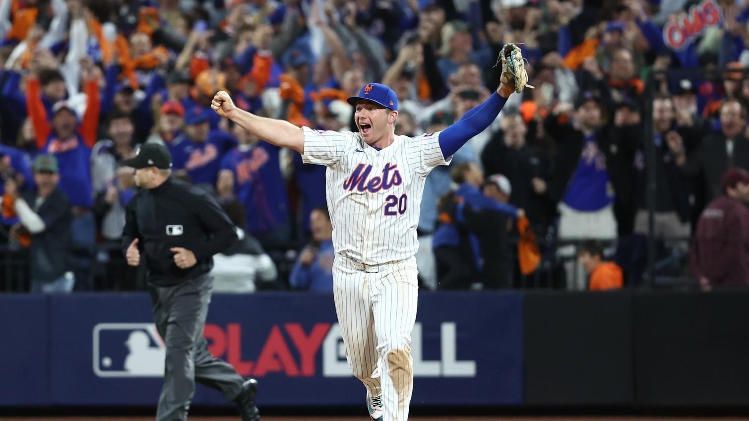 New York Mets first baseman Pete Alonso (20) celebrates after defeating the Philadelphia Phillies in game four of the NLDS for the 2024 MLB Playoffs at Citi Field.