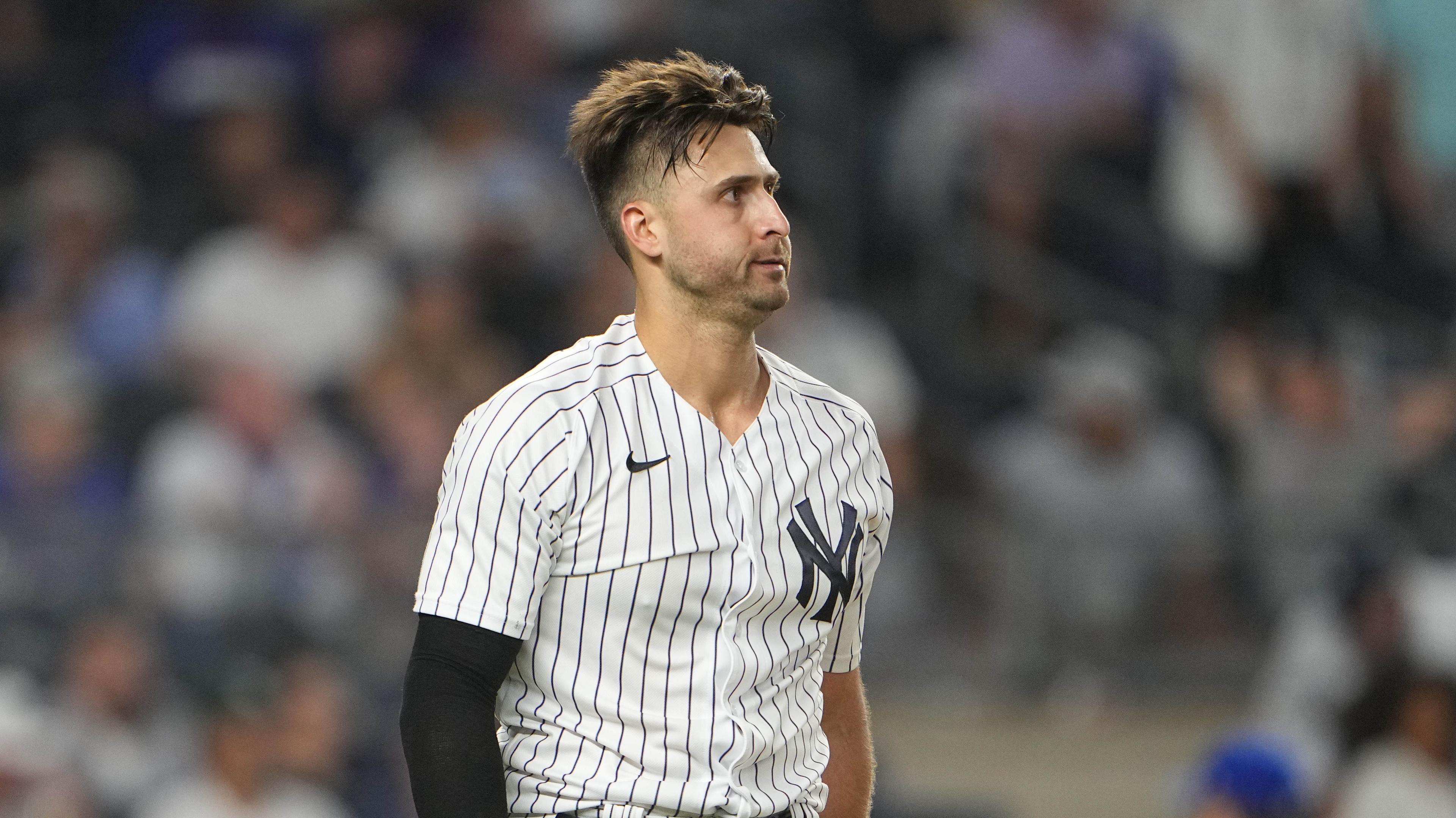 Jun 10, 2022; Bronx, New York, USA; New York Yankees left fielder Joey Gallo (13) reacts after striking out during the twelfth inning against the Chicago Cubs at Yankee Stadium. Mandatory Credit: Gregory Fisher-USA TODAY Sports