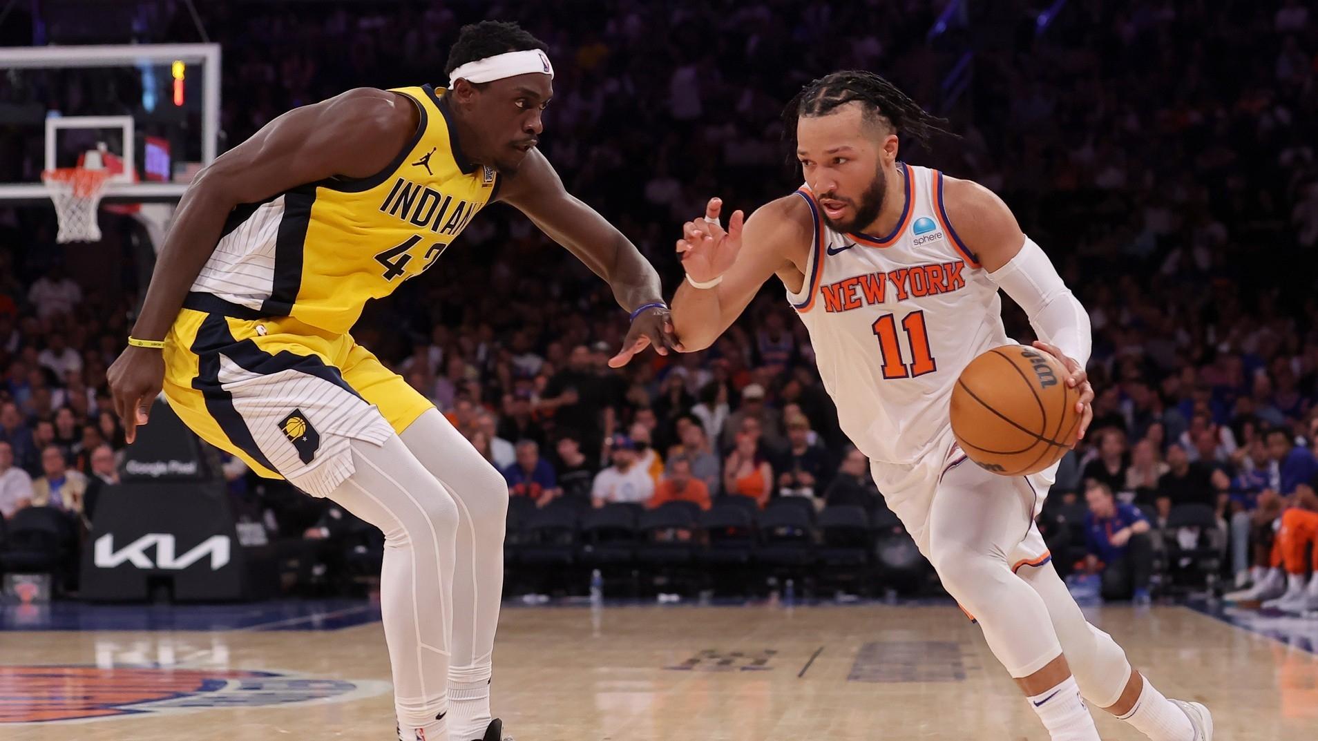 New York Knicks guard Jalen Brunson (11) drives to the basket against Indiana Pacers forward Pascal Siakam (43) during the third quarter of game seven of the second round of the 2024 NBA playoffs at Madison Square Garden.