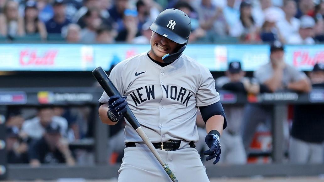 Jun 25, 2024; New York City, New York, USA; New York Yankees first baseman J.D. Davis (38) reacts after striking out to end the top of the first inning against the New York Mets at Citi Field. 