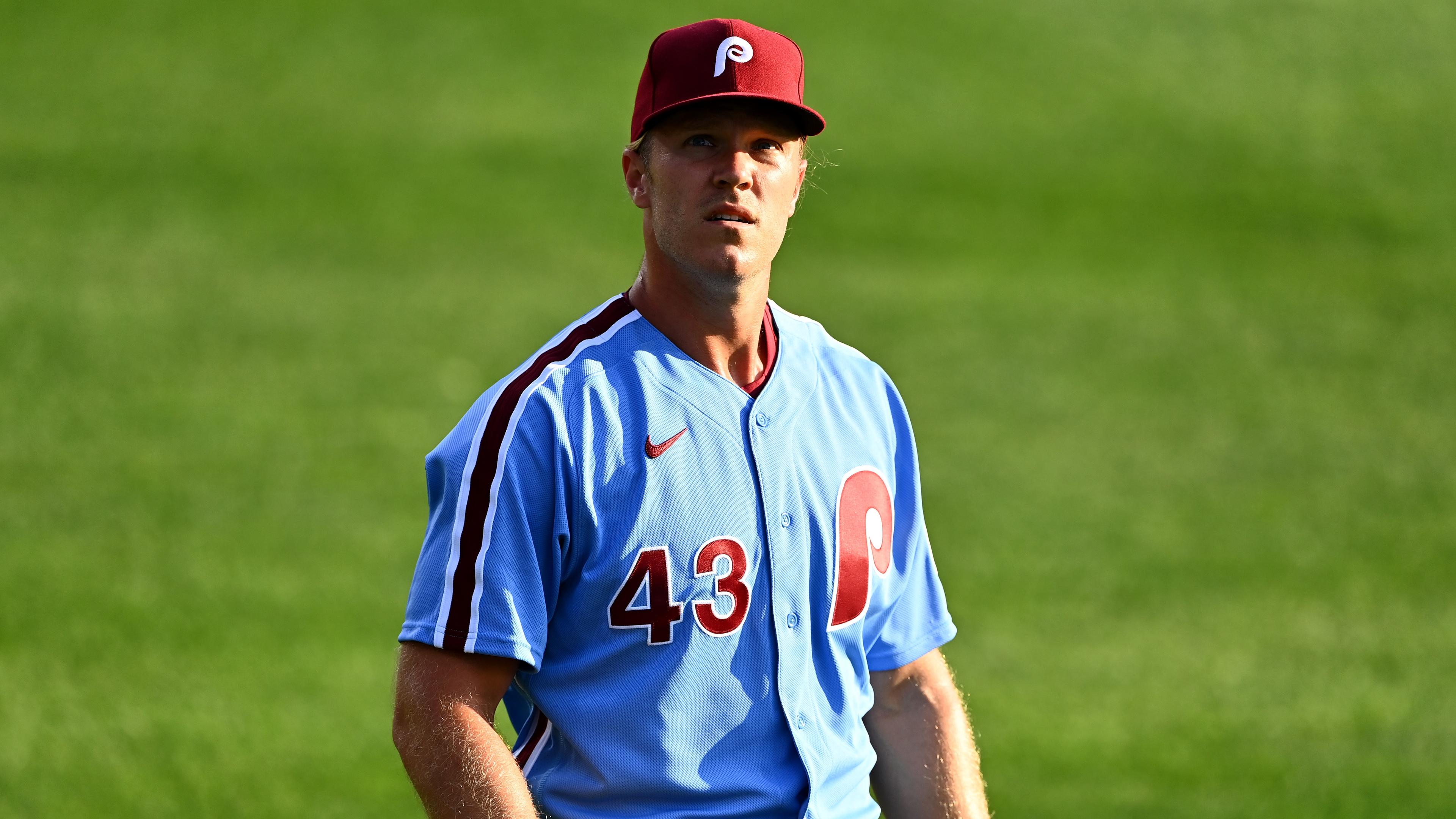 Aug 4, 2022; Philadelphia, Pennsylvania, USA; Philadelphia Phillies pitcher Noah Syndergaard (43) warms up before the game against the Washington Nationals at Citizens Bank Park.