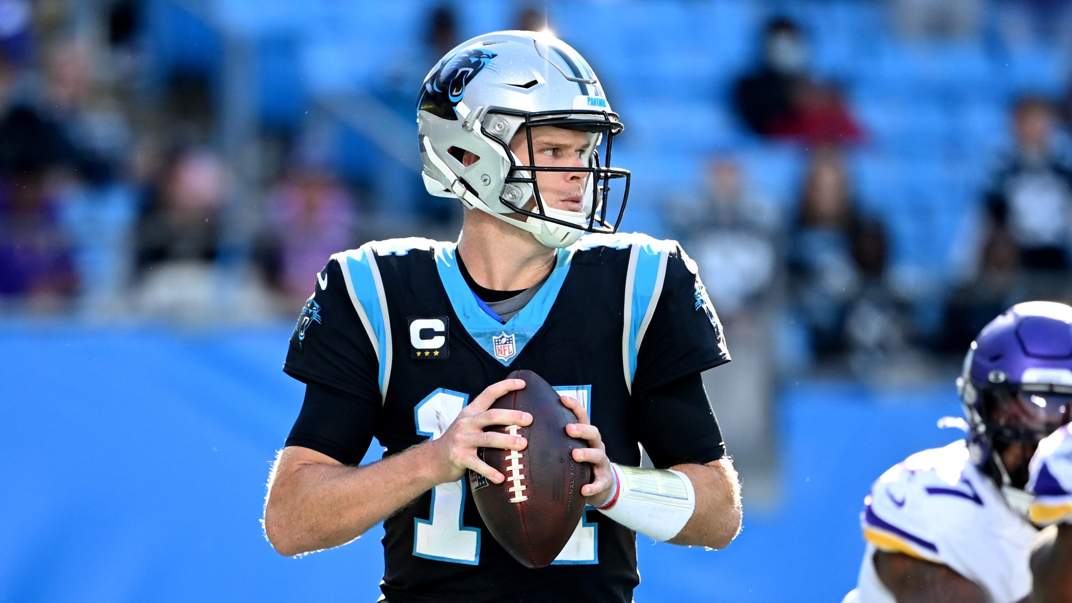 Oct 17, 2021; Charlotte, North Carolina, USA; Carolina Panthers quarterback Sam Darnold (14) looks to pass in the fourth quarter at Bank of America Stadium.