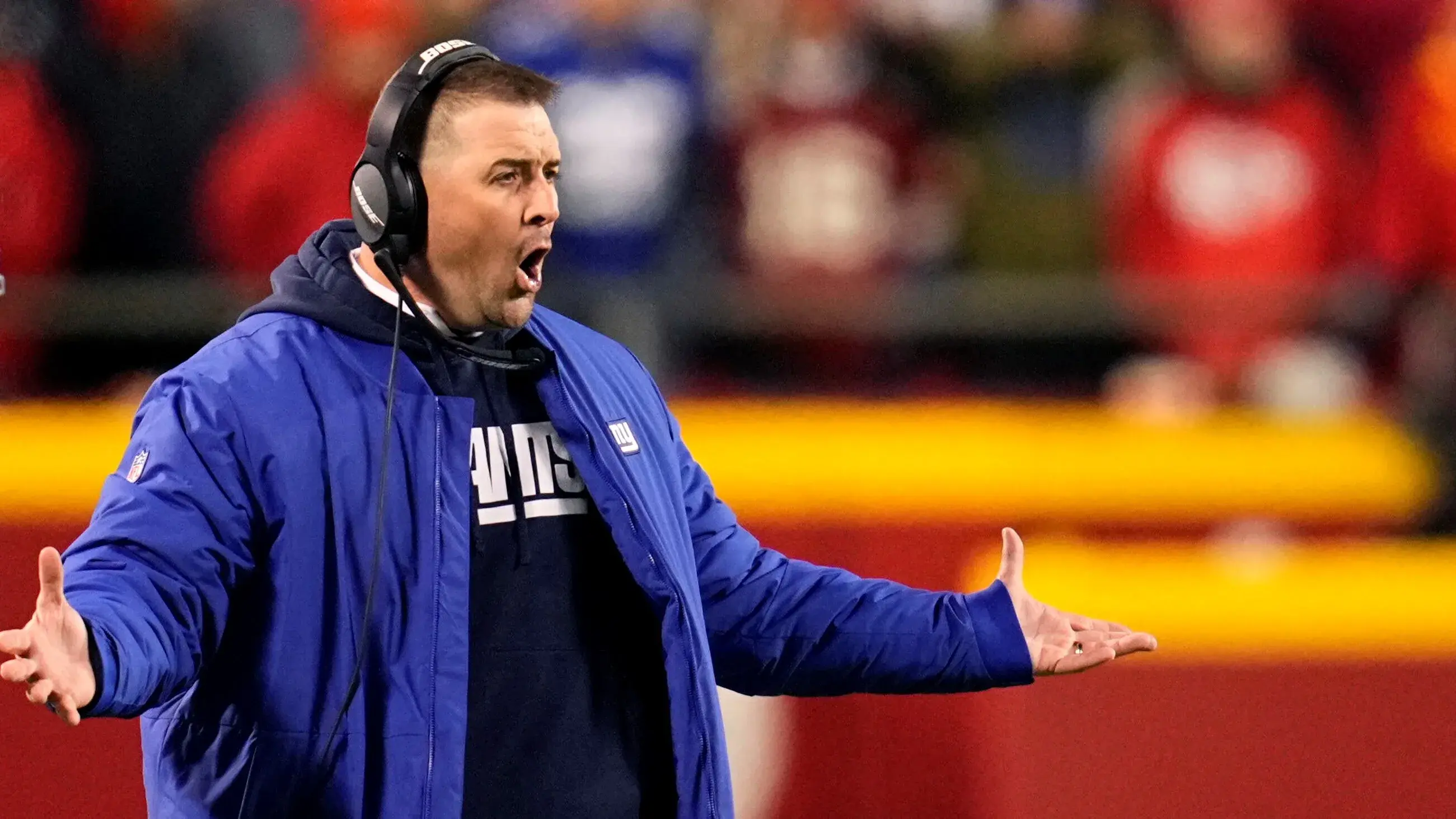 Nov 1, 2021; Kansas City, Missouri, USA; New York Giants head coach Joe Judge (right) reacts to a penalty during the second half against the Kansas City Chiefs at GEHA Field at Arrowhead Stadium. Mandatory Credit: Jay Biggerstaff-USA TODAY Sports / Jay Biggerstaff-USA TODAY Sports