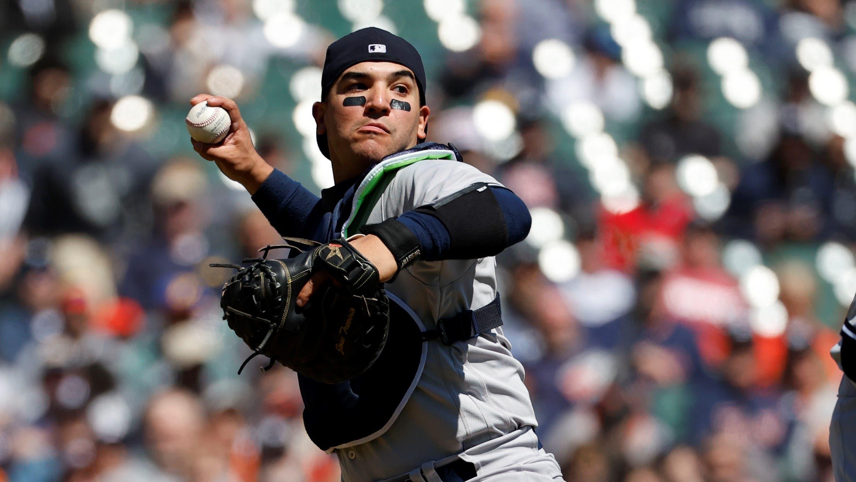 Apr 21, 2022; Detroit, Michigan, USA; New York Yankees catcher Jose Trevino (39) makes a throw to first in the fifth inning against the Detroit Tigers at Comerica Park. / Rick Osentoski-USA TODAY Sports