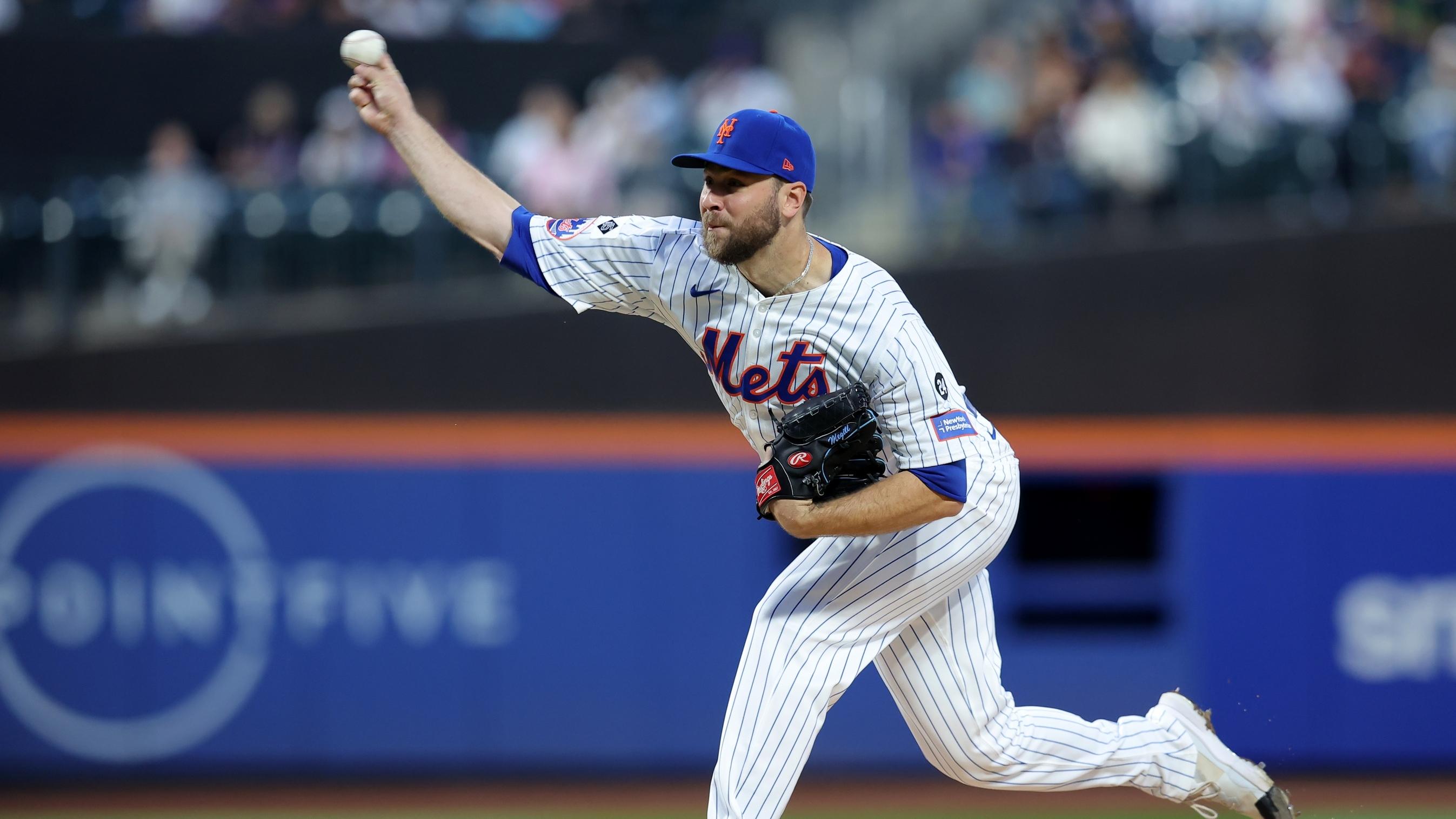 Sep 4, 2024; New York City, New York, USA; New York Mets starting pitcher Tylor Megill (38) pitches against the Boston Red Sox during the first inning at Citi Field. 