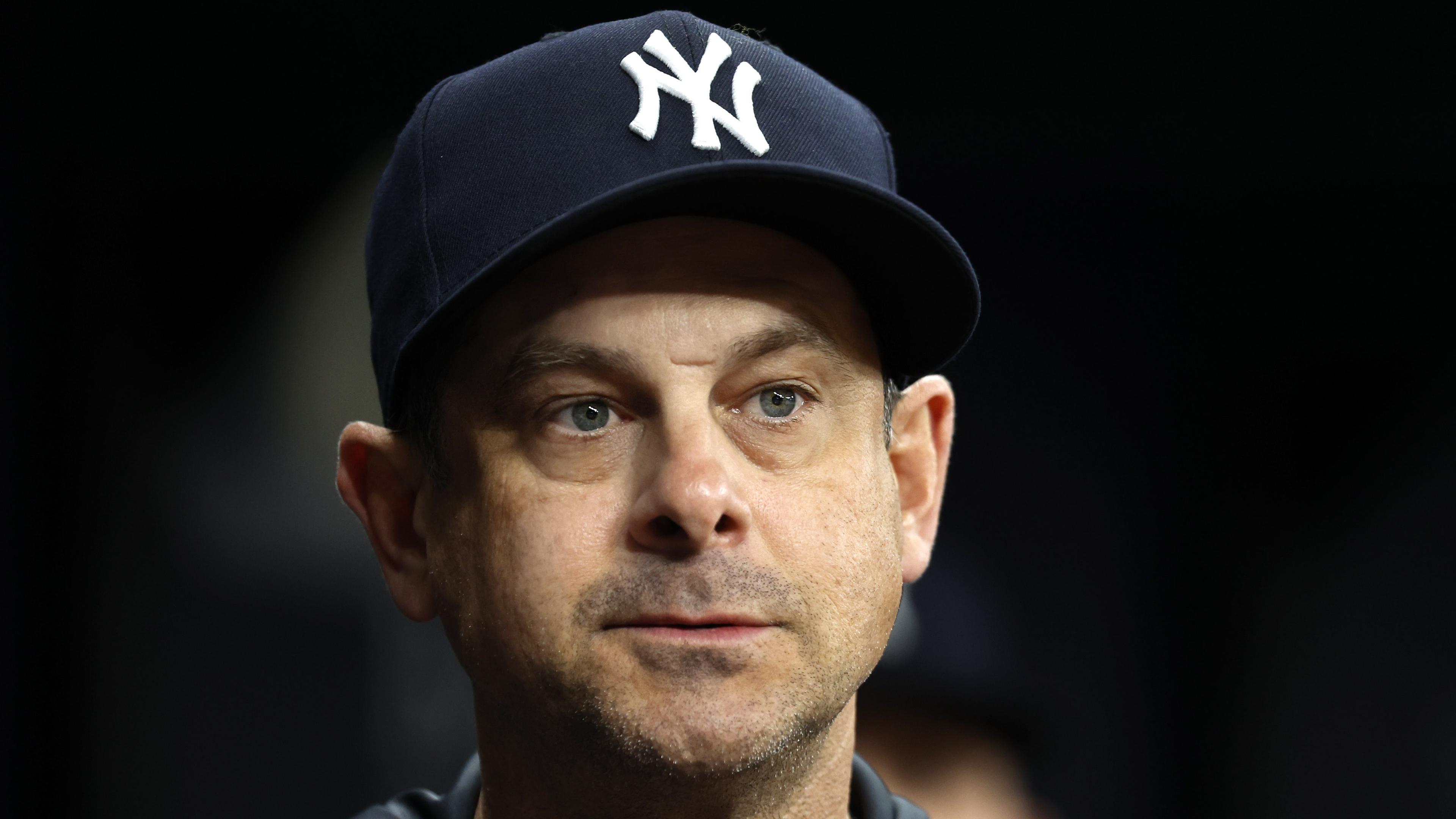 May 26, 2022; St. Petersburg, Florida, USA; New York Yankees manager Aaron Boone (17) looks on during the sixth inning against the Tampa Bay Rays at Tropicana Field. Mandatory Credit: Kim Klement-USA TODAY Sports