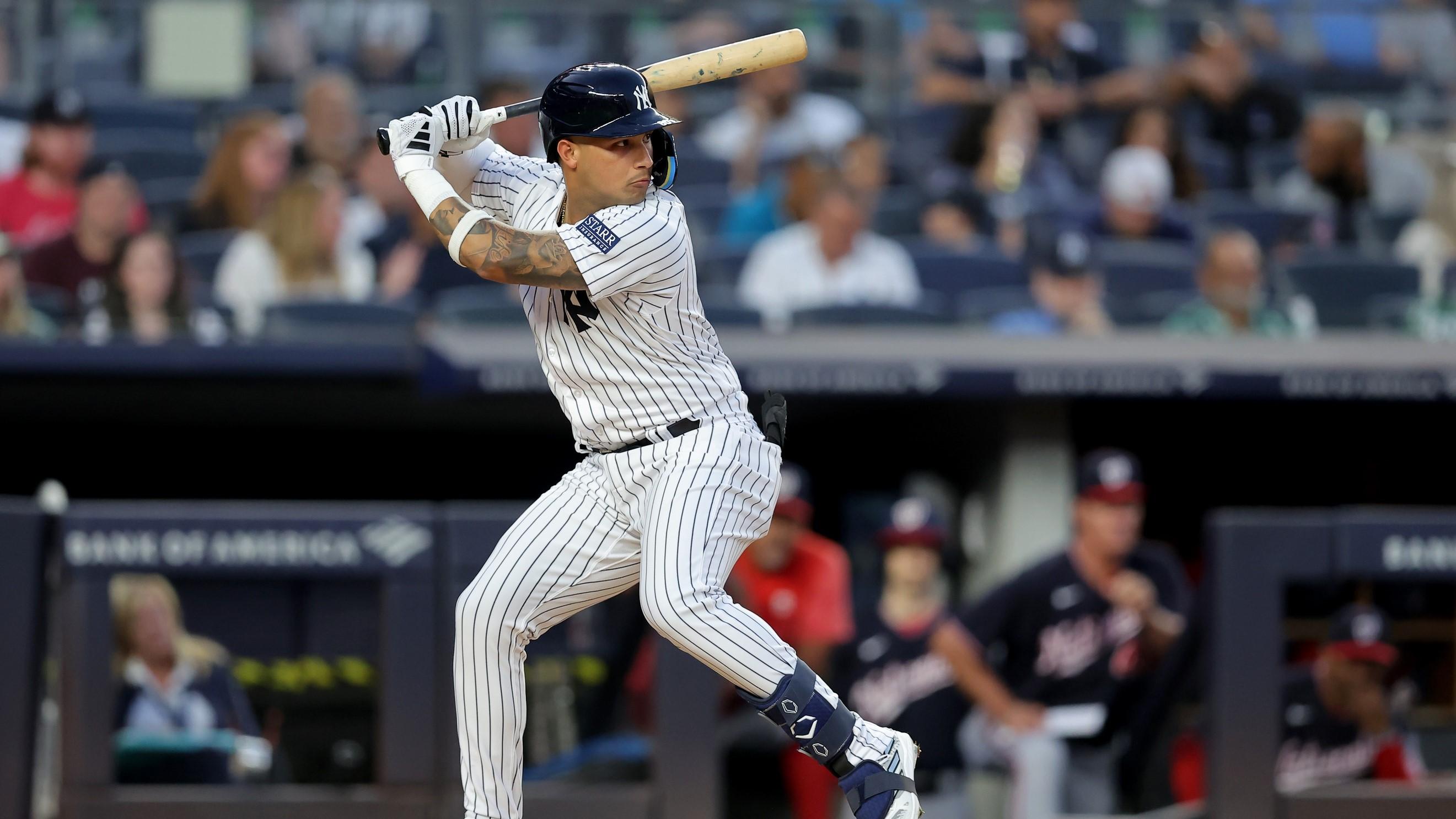 Aug 22, 2023; Bronx, New York, USA; New York Yankees left fielder Everson Pereira (80) bats against the Washington Nationals during the second inning at Yankee Stadium. The plate appearance was his major league debut and he drew a walk.