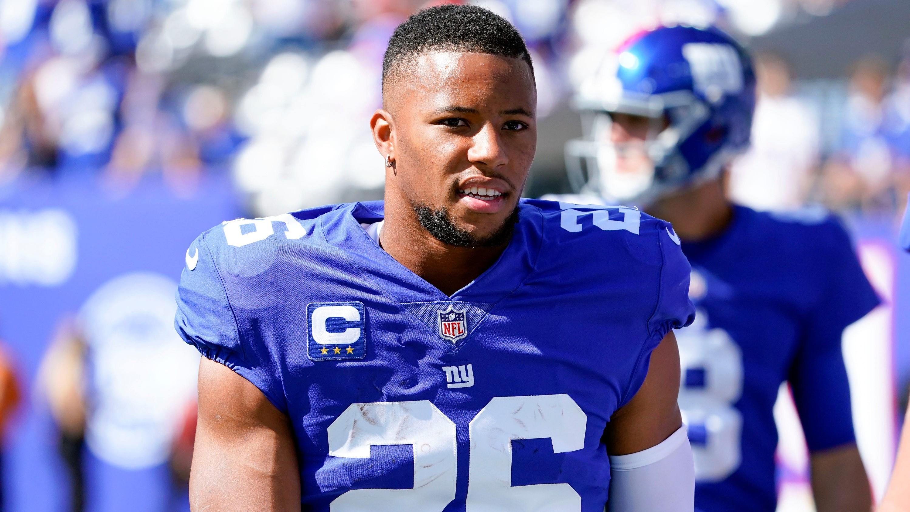 New York Giants running back Saquon Barkley (26) on the field before the game at MetLife Stadium on Sunday, Sept. 26, 2021, in East Rutherford.