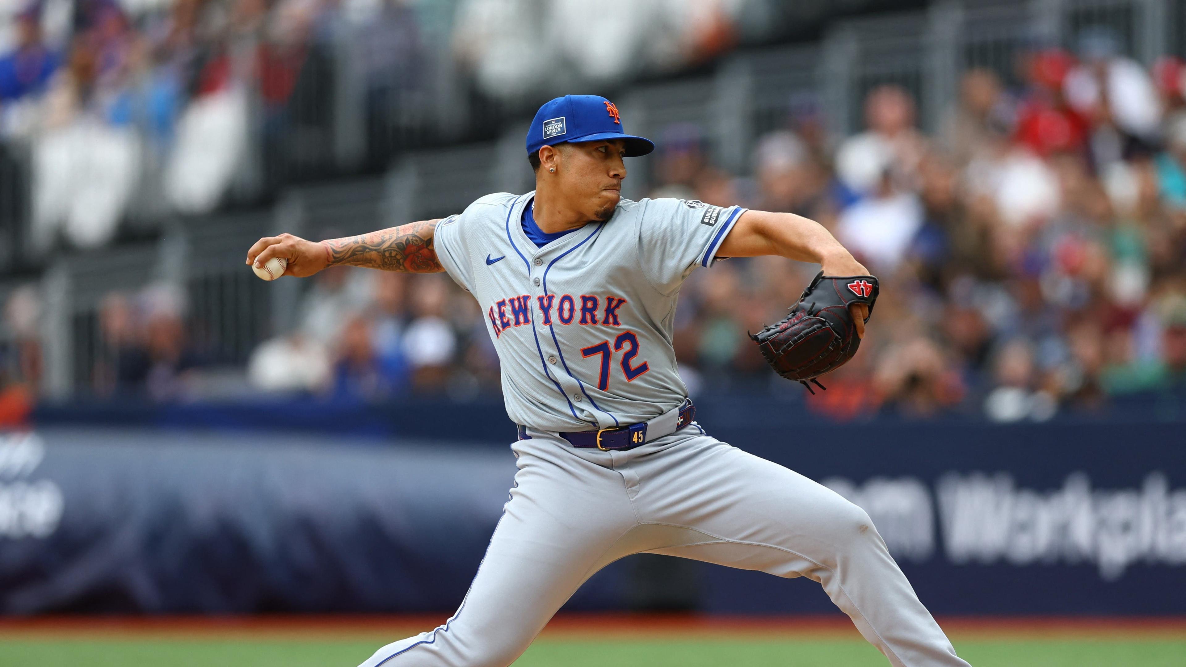 [US, Mexico & Canada customers only] June 9, 2024; London, UNITED KINGDOM; New York Mets pitcher Dedniel Nunez throws against the Philadelphia Phillies during a London Series baseball game at Queen Elizabeth Olympic Park. Mandatory Credit: Matthew Childs/Reuters via Imagn Images / © Matthew Childs/Reuters via Imagn Images