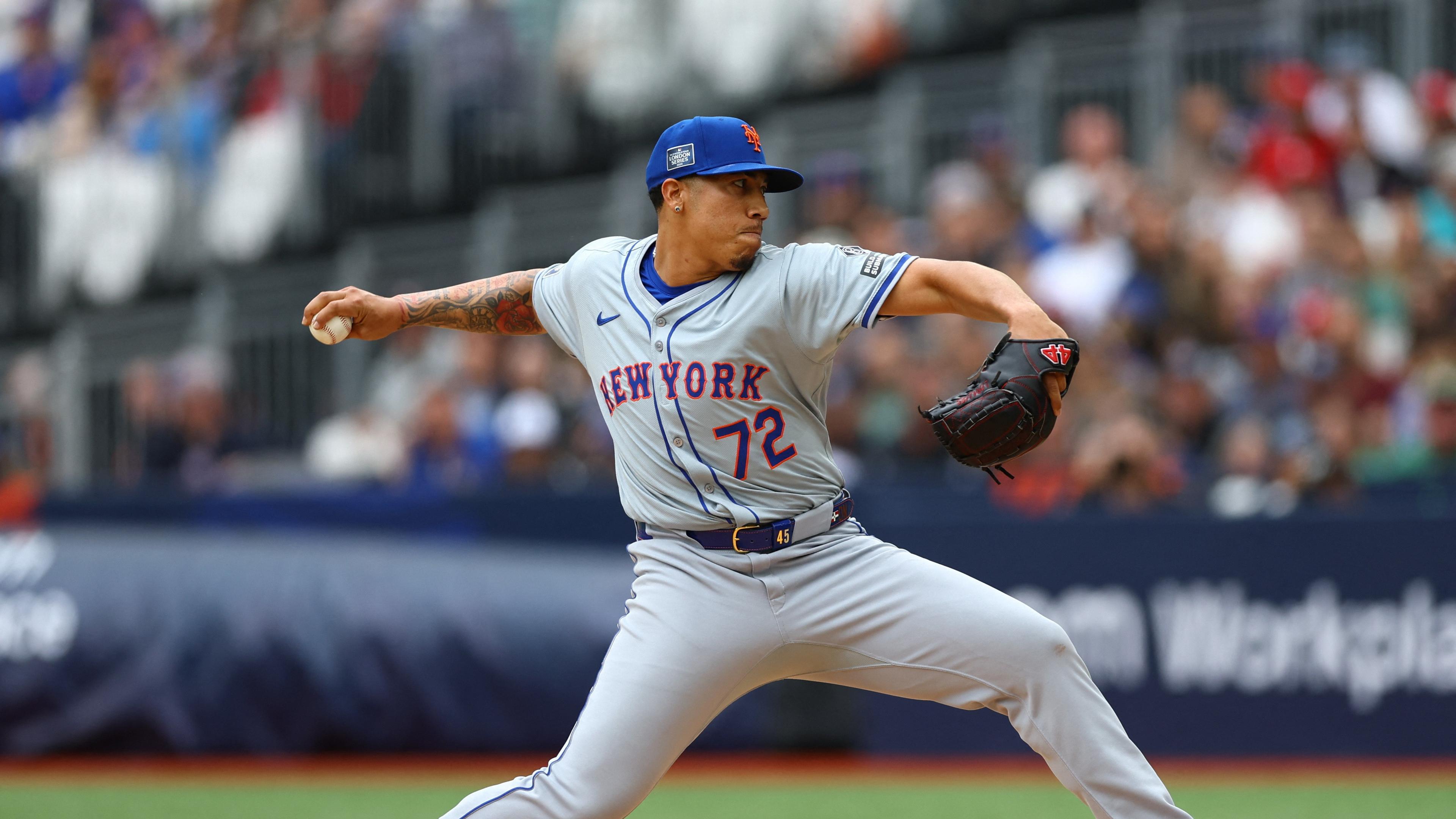 [US, Mexico & Canada customers only] June 9, 2024; London, UNITED KINGDOM; New York Mets pitcher Dedniel Nunez throws against the Philadelphia Phillies during a London Series baseball game at Queen Elizabeth Olympic Park. Mandatory Credit: Matthew Childs/Reuters via Imagn Images