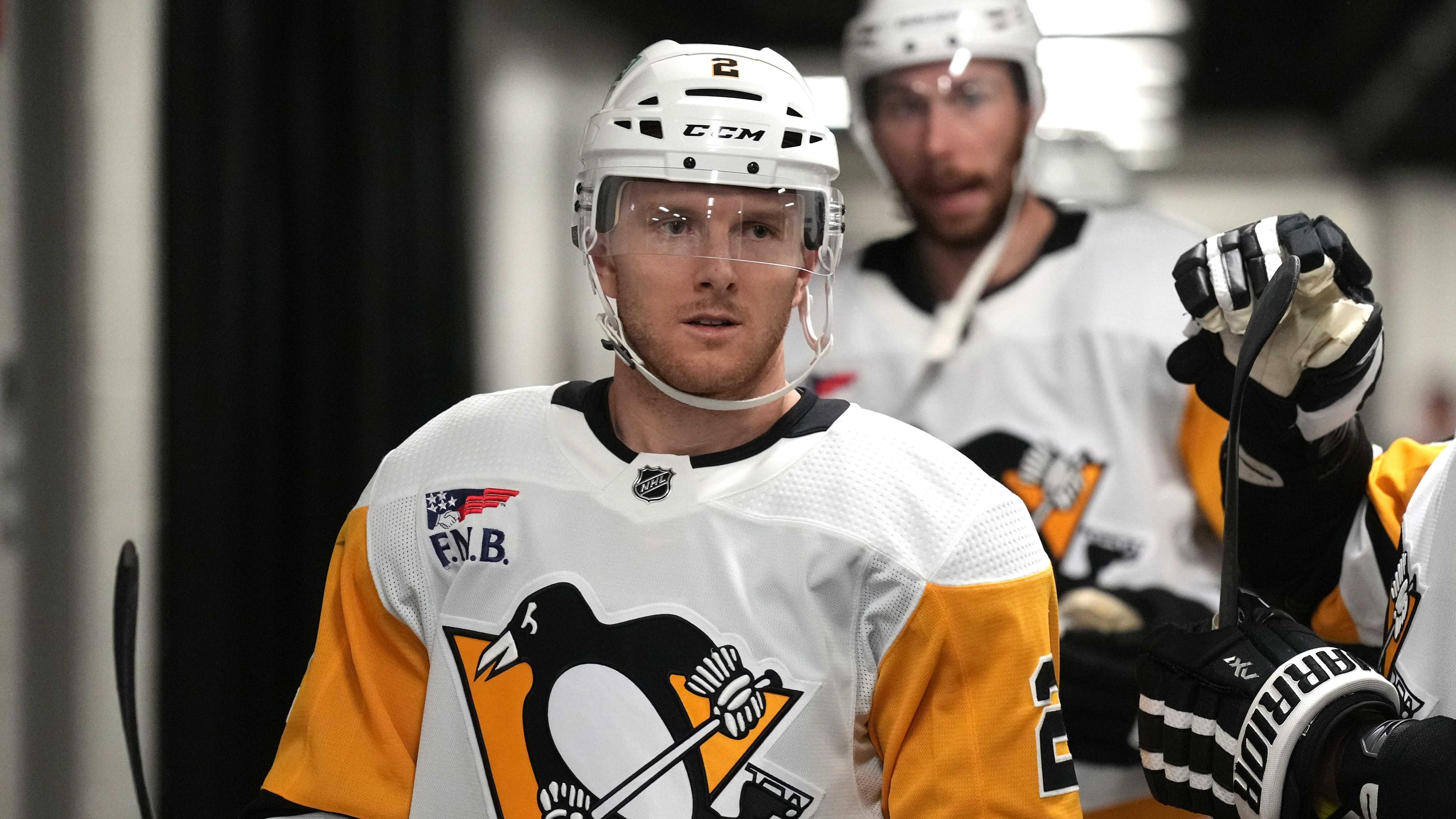 Nov 4, 2023; San Jose, California, USA; Pittsburgh Penguins defenseman Chad Ruhwedel (2) before the game against the San Jose Sharks at SAP Center at San Jose.