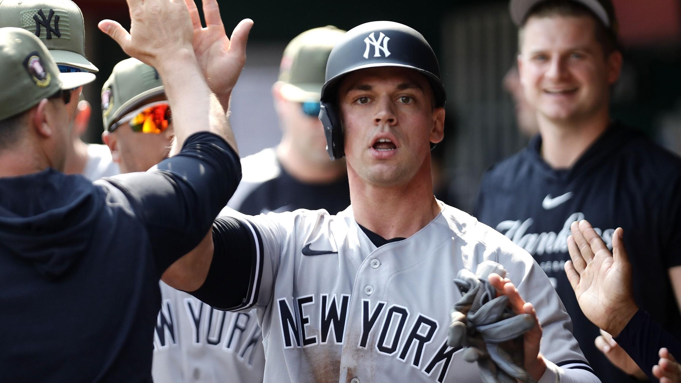 May 20, 2023; Cincinnati, Ohio, USA; New York Yankees catcher Ben Rortvedt (38) reacts in the dugout after scoring against the Cincinnati Reds during the third inning at Great American Ball Park.