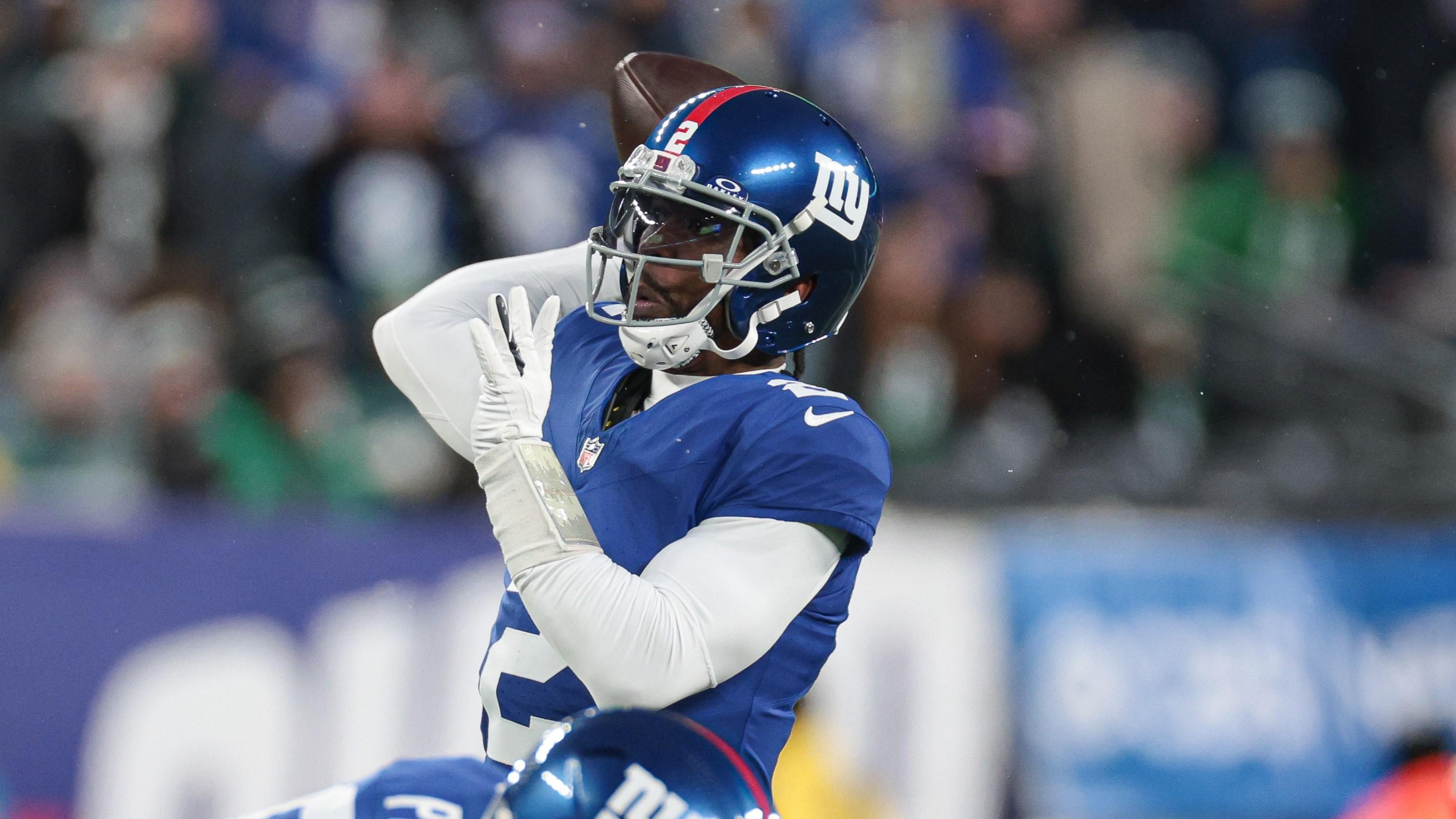 Jan 7, 2024; East Rutherford, New Jersey, USA; New York Giants quarterback Tyrod Taylor (2) throws the ball during the first quarter against the Philadelphia Eagles at MetLife Stadium. Mandatory Credit: Vincent Carchietta-USA TODAY Sports