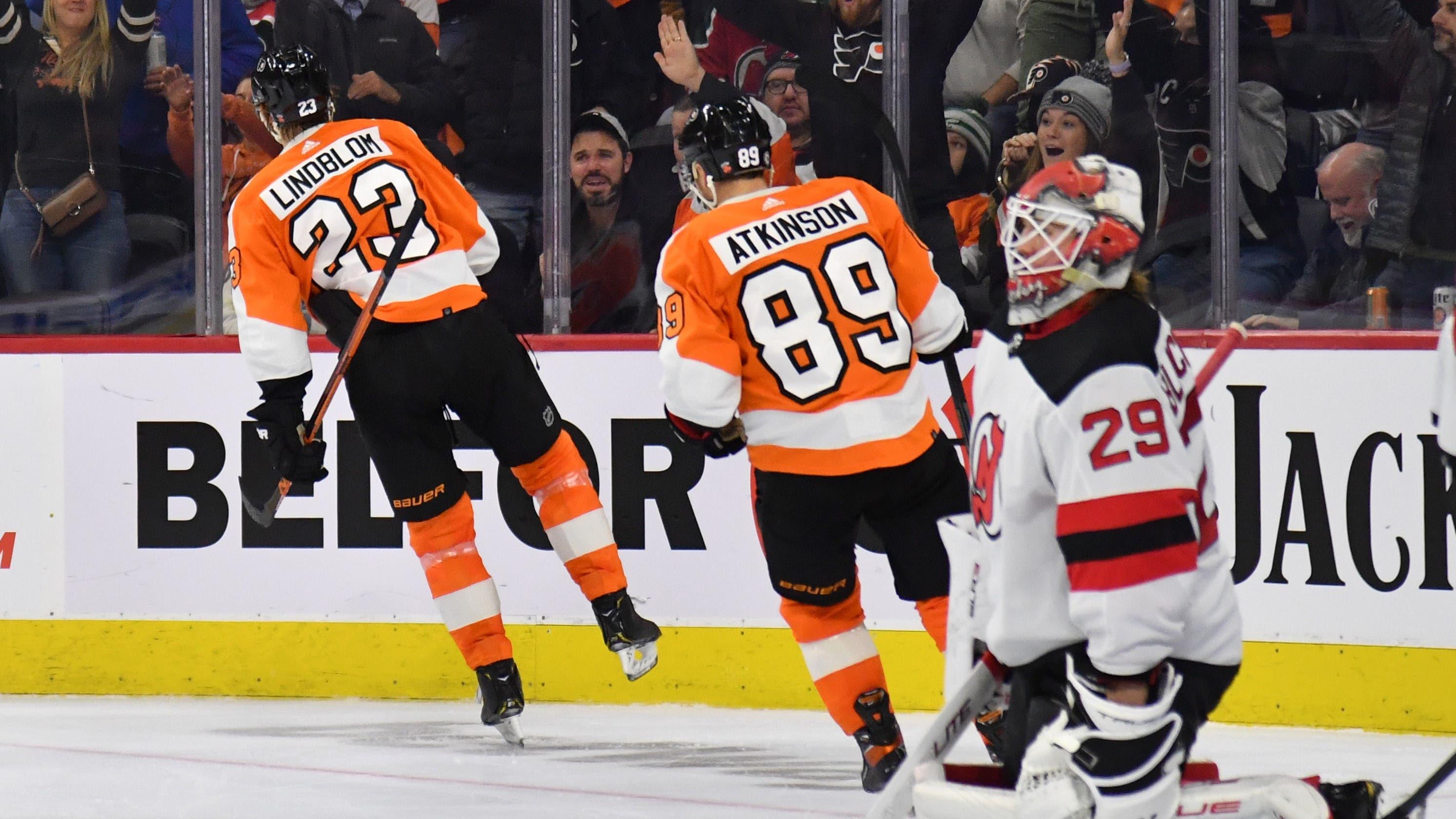 Dec 14, 2021; Philadelphia, Pennsylvania, USA; Philadelphia Flyers left wing Oskar Lindblom (23) celebrates his goal against New Jersey Devils goaltender Mackenzie Blackwood (29) during the second period at Wells Fargo Center. Mandatory Credit: Eric Hartline-USA TODAY Sports / Eric Hartline-USA TODAY Sports