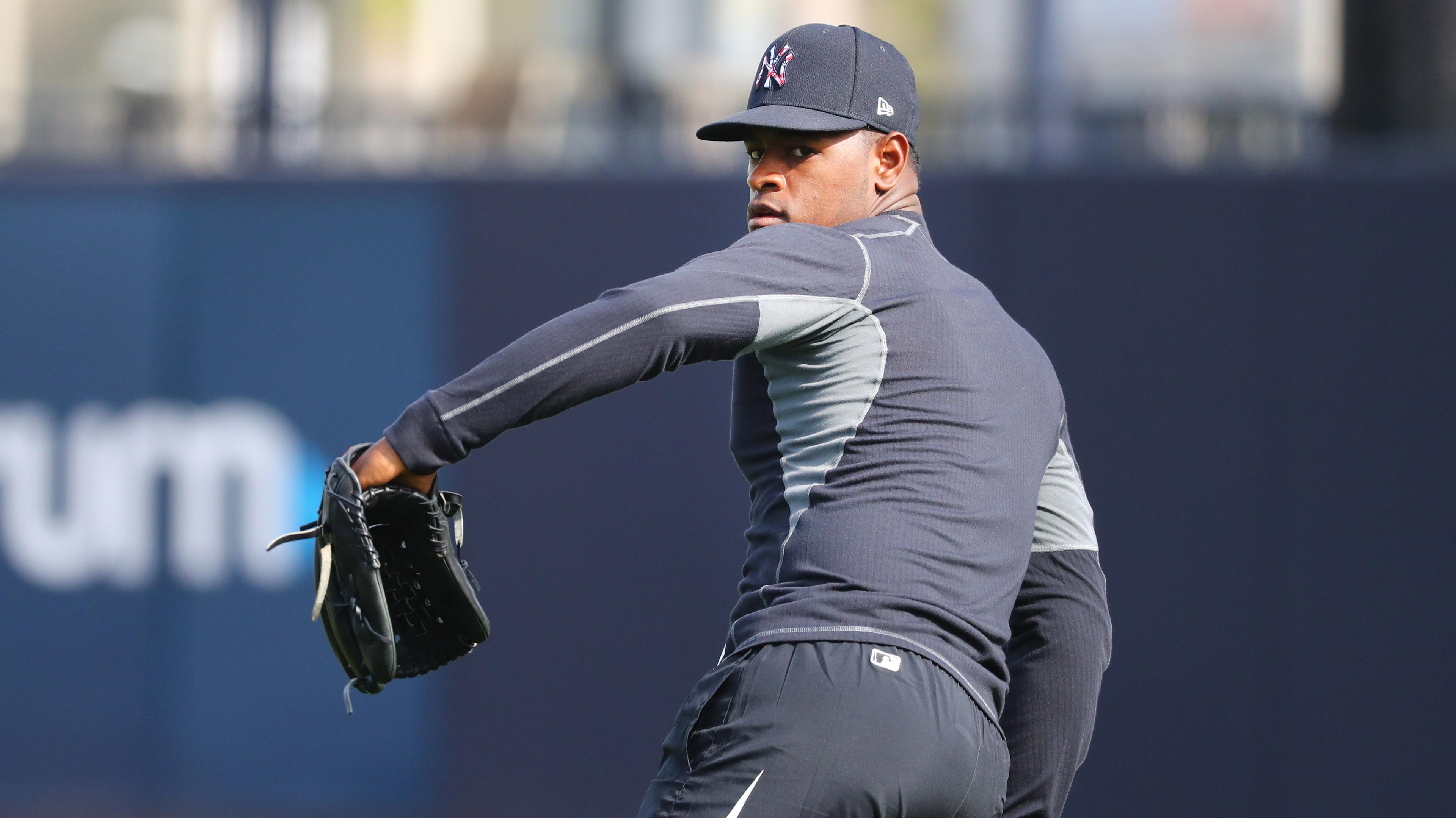 New York Yankees starting pitcher Luis Severino (40) throws as pitchers and catchers report for spring training at George M. Steinbrenner Field.