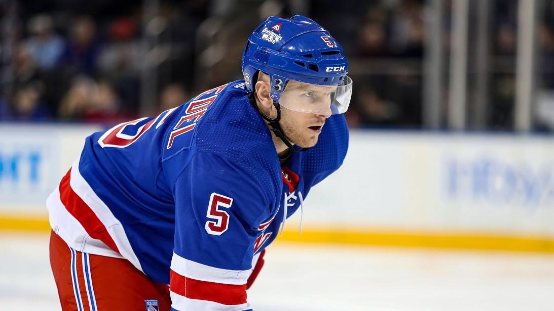 New York Rangers defenseman Chad Ruhwedel (5) awaits a face-off against the Winnipeg Jets during the first period at Madison Square Garden.