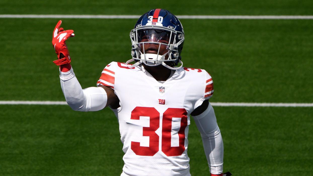 Oct 4, 2020; Inglewood, California, USA; New York Giants cornerback Darnay Holmes (30) takes the field for pregame warmups before playing the Los Angeles Rams at SoFi Stadium.