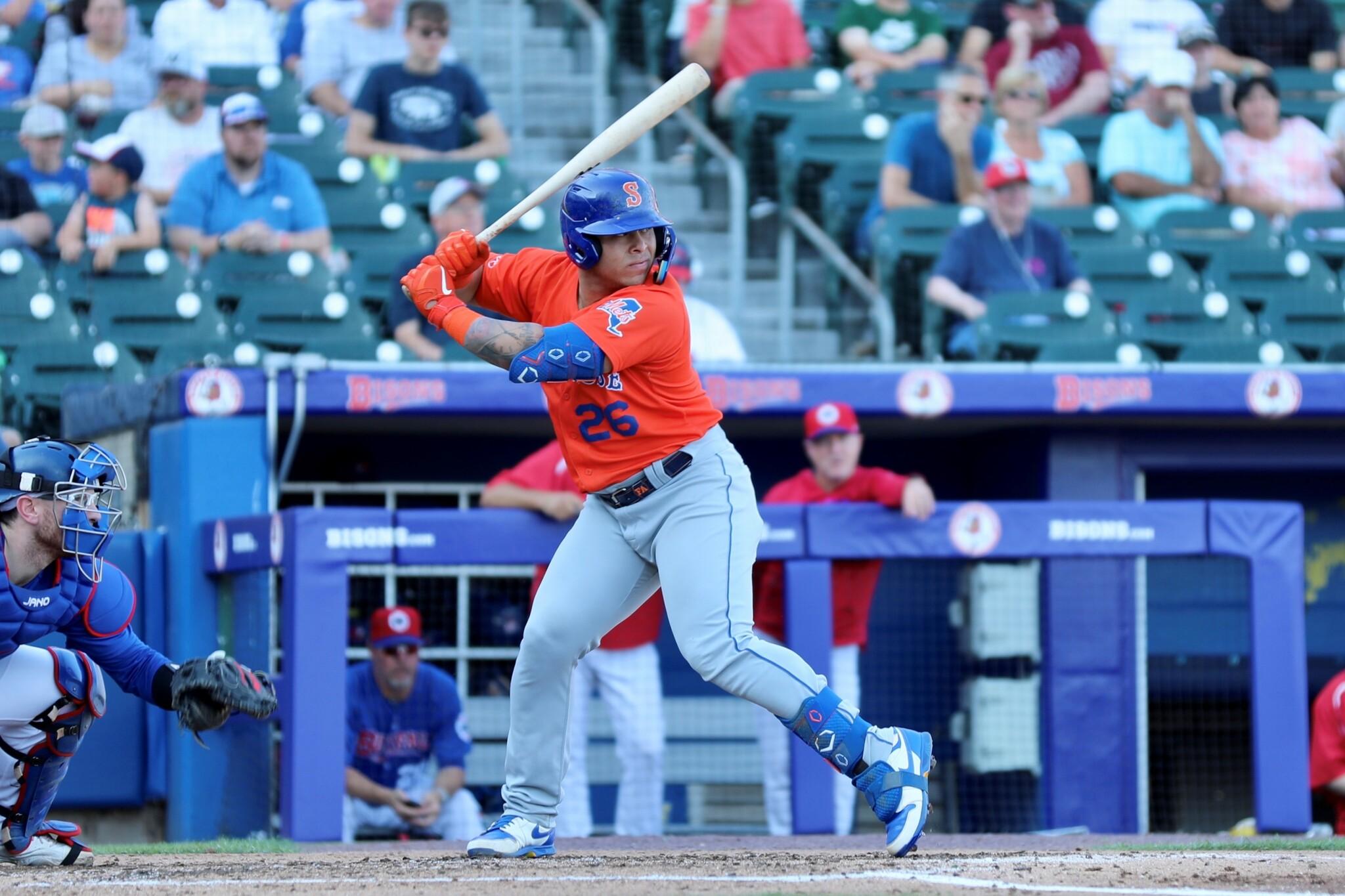 Francisco Alvarez at the plate on the road in Buffalo with Syracuse Mets.