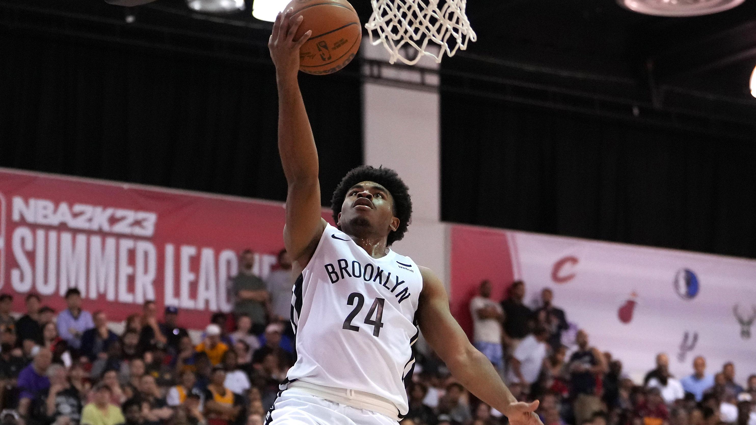 Jul 12, 2022; Las Vegas, NV, USA; Brooklyn Nets guard Cam Thomas (24) goes to the basket against the Memphis Grizzlies during an NBA Summer League game at Cox Pavilion.