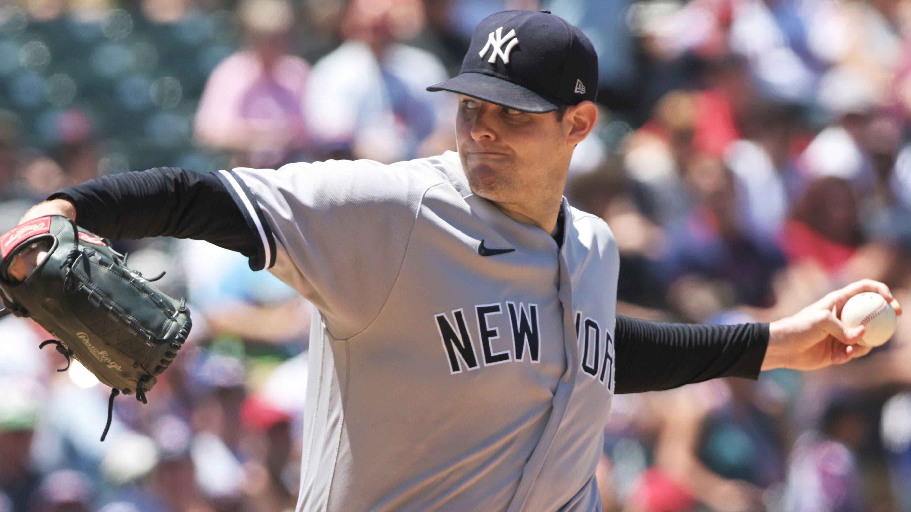 Jul 3, 2022; Cleveland, Ohio, USA; New York Yankees starting pitcher Jordan Montgomery (47) throws a pitch during the first inning against the Cleveland Guardians at Progressive Field. / Ken Blaze-USA TODAY Sports