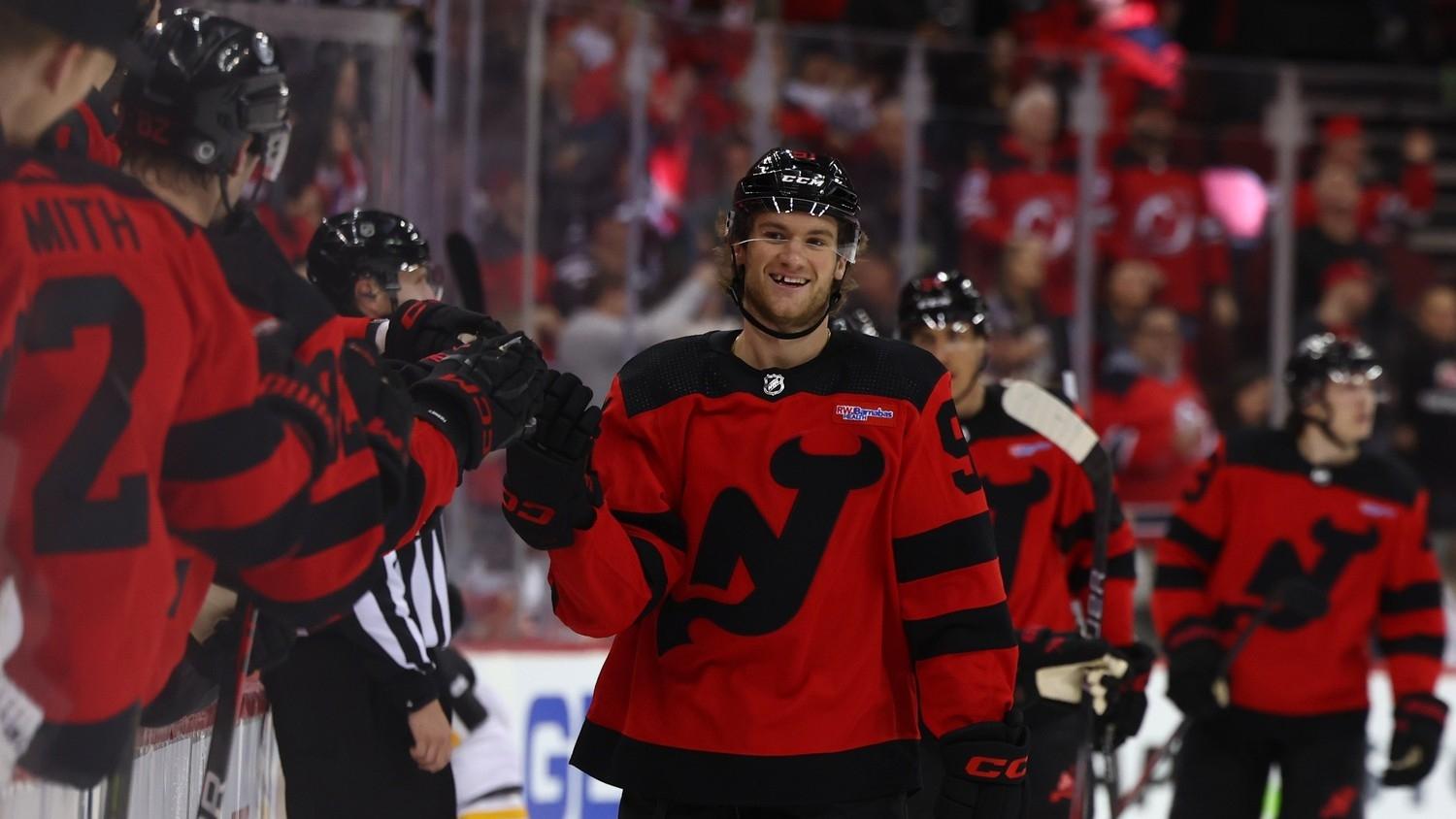 New Jersey Devils center Dawson Mercer (91) celebrates his goal against the Pittsburgh Penguins during the first period at Prudential Center.