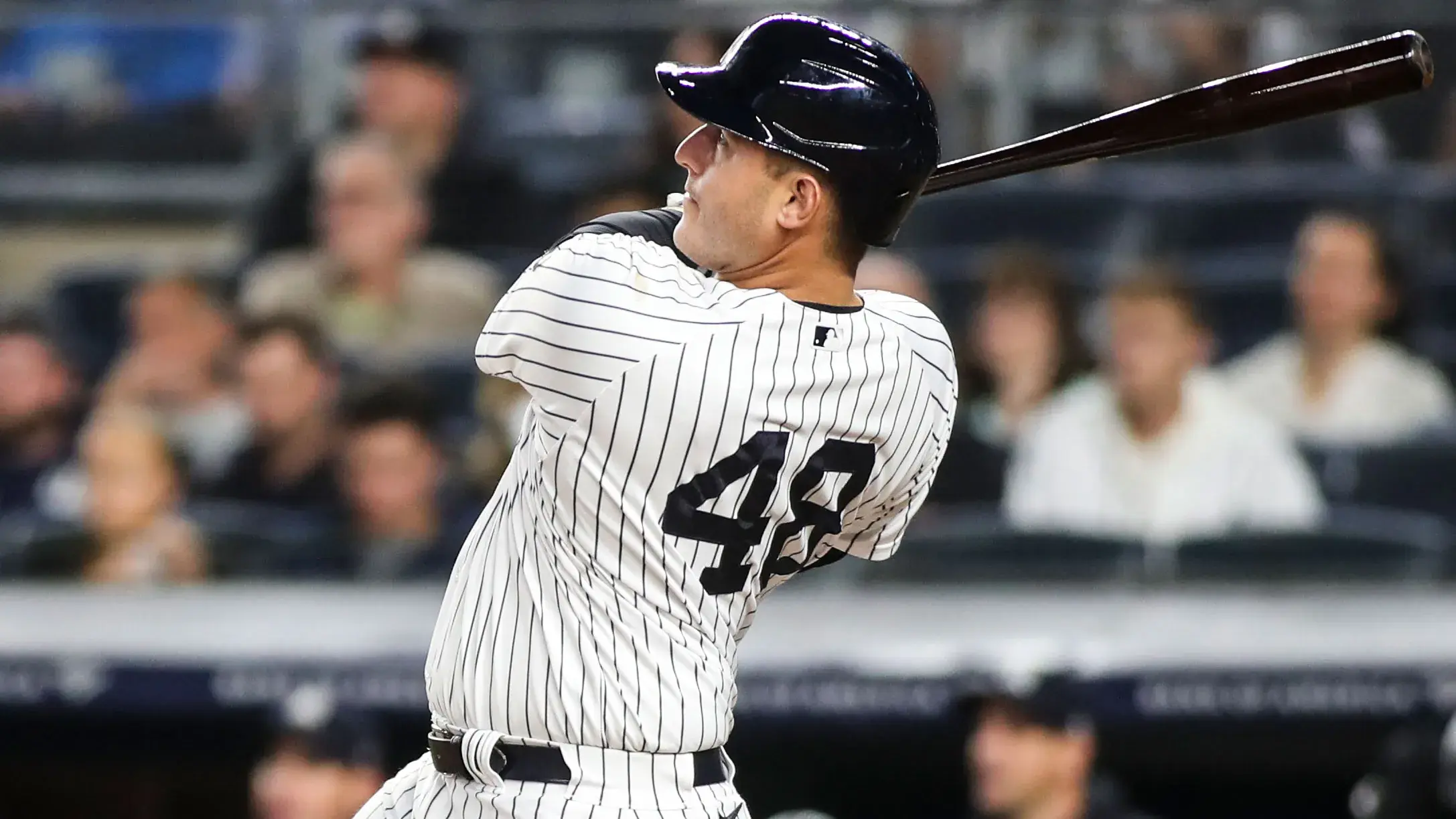 Sep 9, 2021; Bronx, New York, USA; New York Yankees first baseman Anthony Rizzo (48) hits a two run home run against the Toronto Blue Jays to tie the game in the sixth inning at Yankee Stadium. / Wendell Cruz-USA TODAY Sports