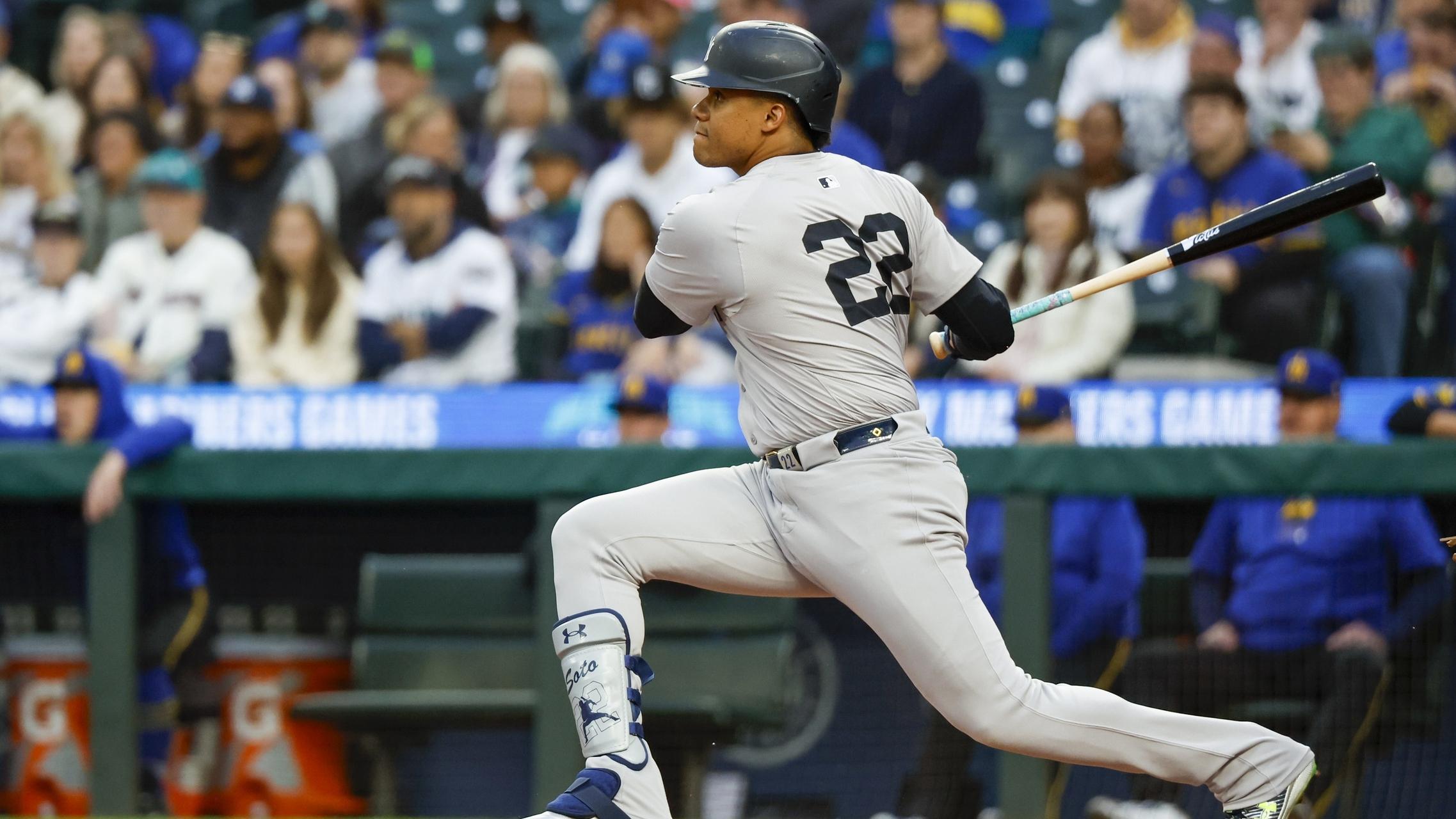 Sep 17, 2024; Seattle, Washington, USA; New York Yankees right fielder Juan Soto (22) hits a double against the Seattle Mariners during the first inning at T-Mobile Park. 