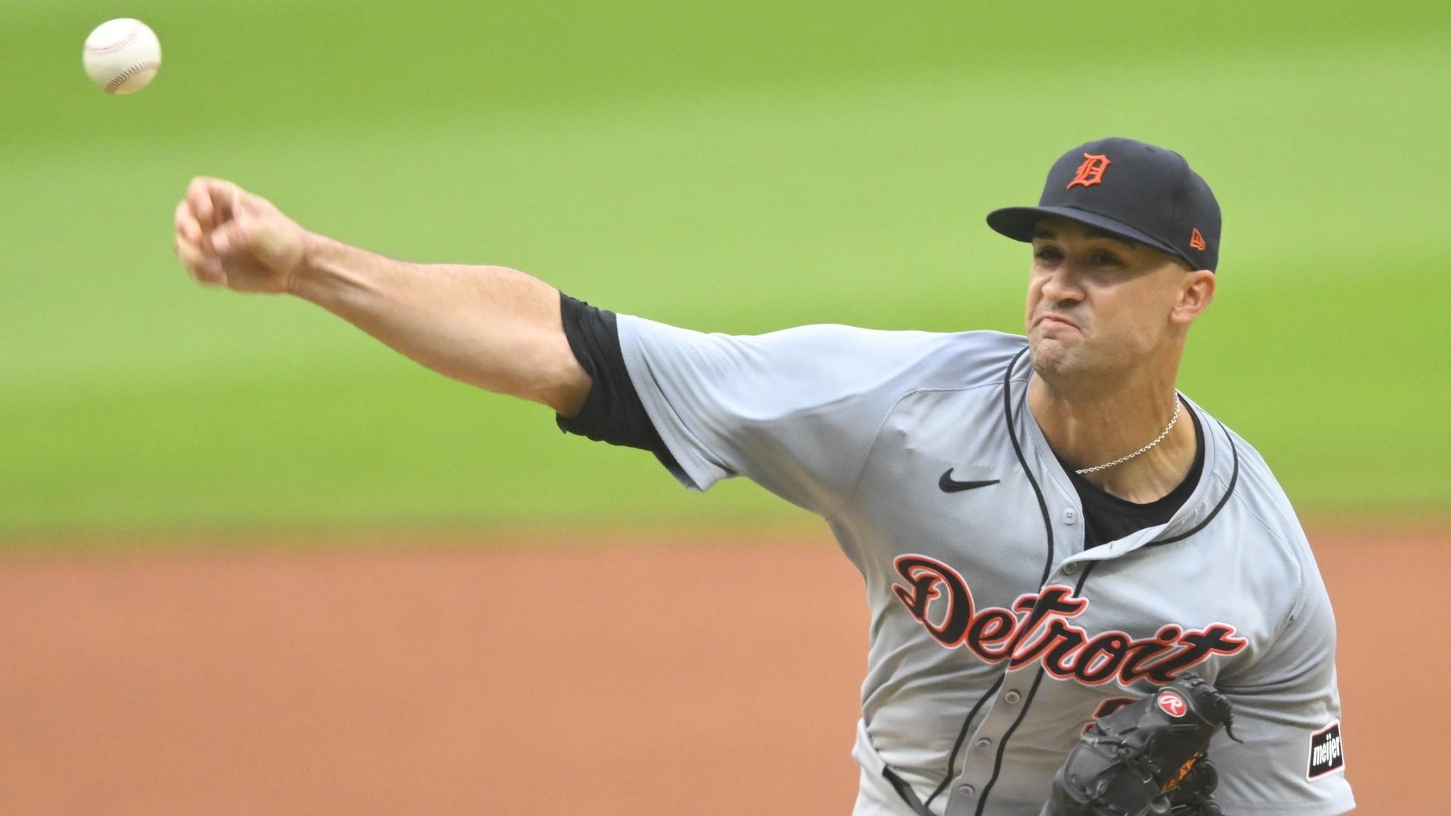 Starting pitcher Jack Flaherty (9) then with the Detroit Tiers delivers a pitch in the first inning against the Cleveland Guardians at Progressive Field. 