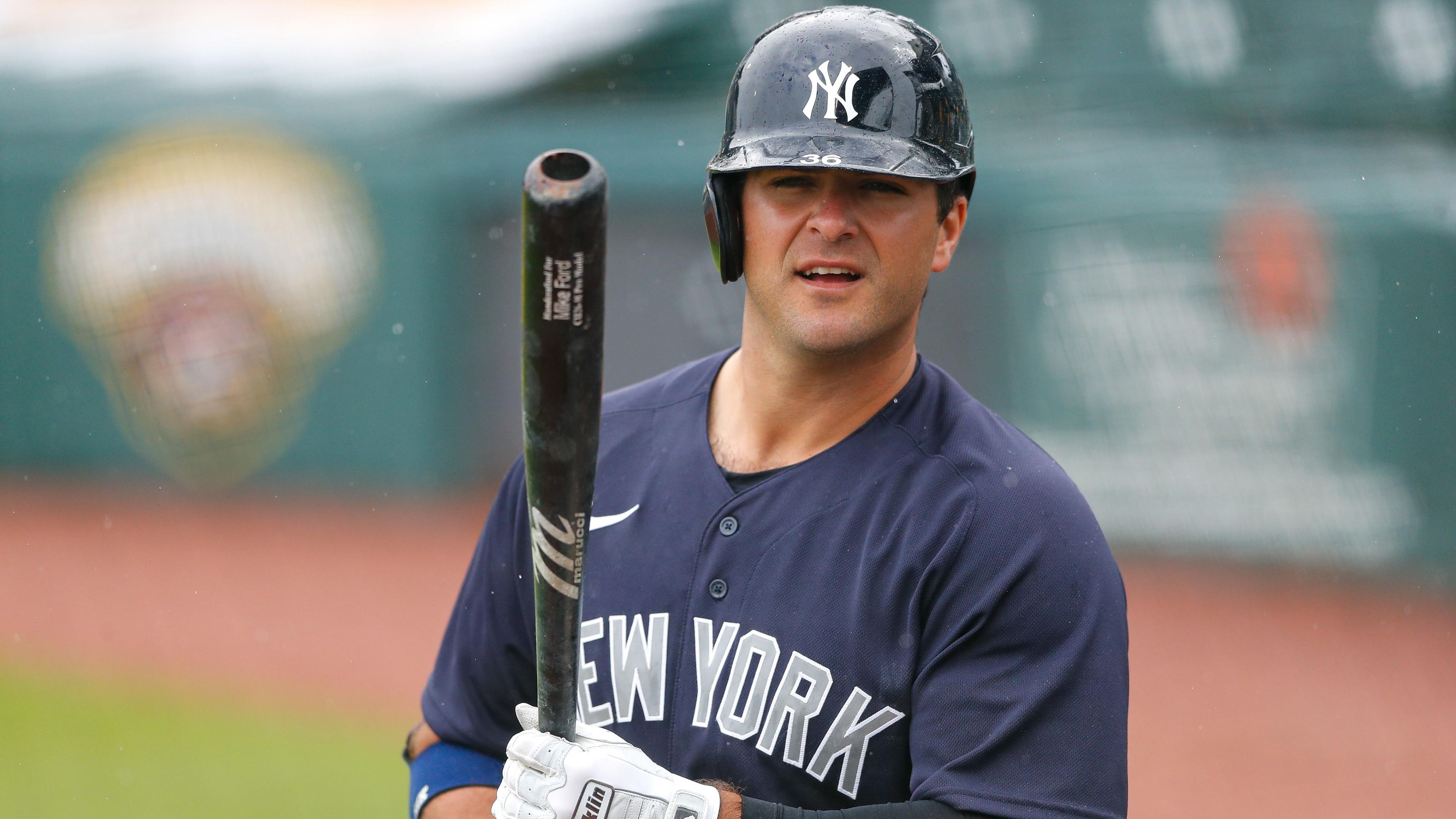 Mar 6, 2021; Bradenton, Florida, USA; New York Yankees first baseman Mike Ford (36) at bat during spring training at LECOM Park. / Nathan Ray Seebeck-USA TODAY Sports