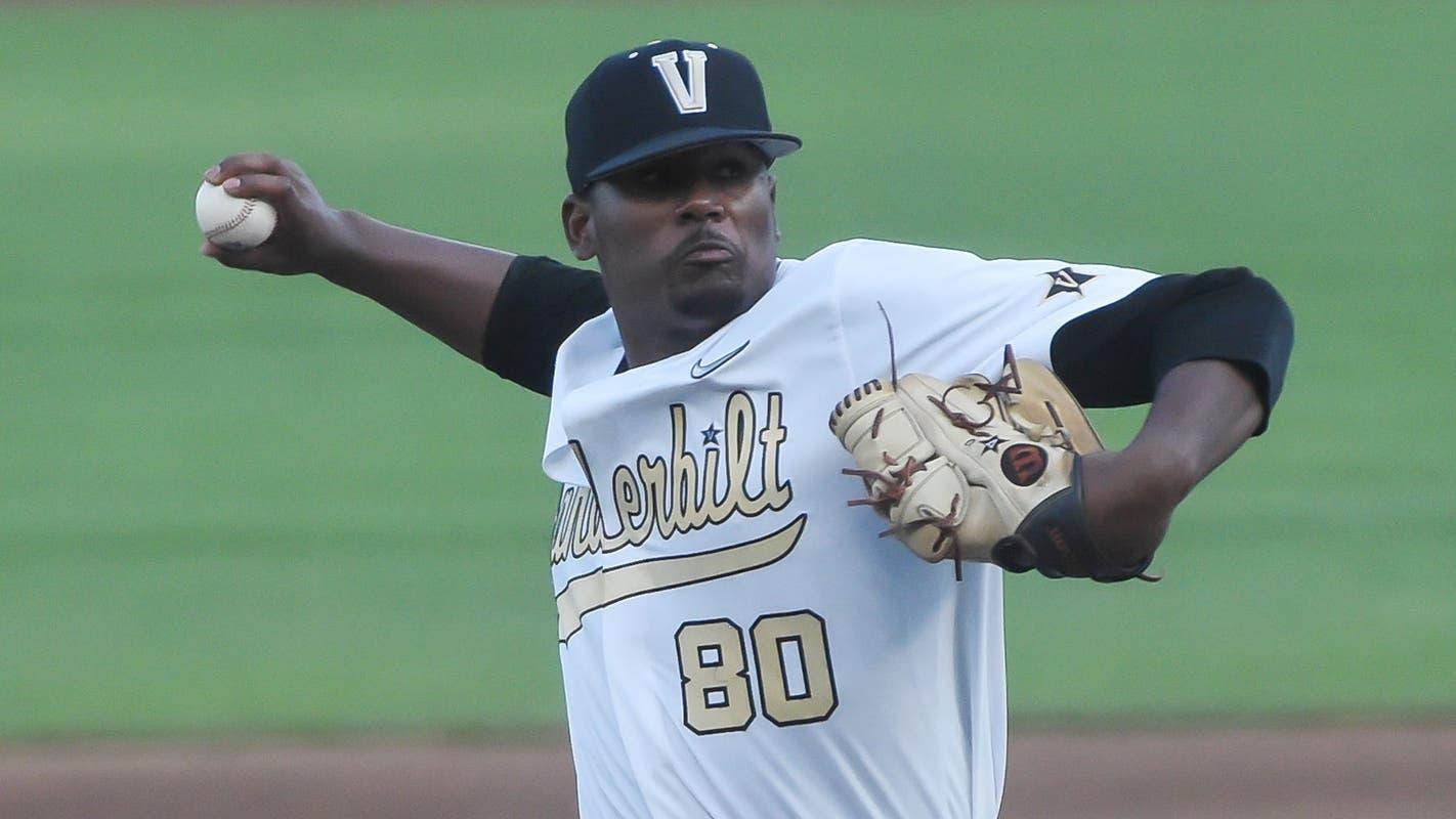 Jun 30, 2021; Omaha, Nebraska, USA; Vanderbilt Commodores pitcher Kumar Rocker (80) pitches in the fourth inning against the Mississippi St. Bulldogs at TD Ameritrade Park. / Steven Branscombe-USA TODAY Sports