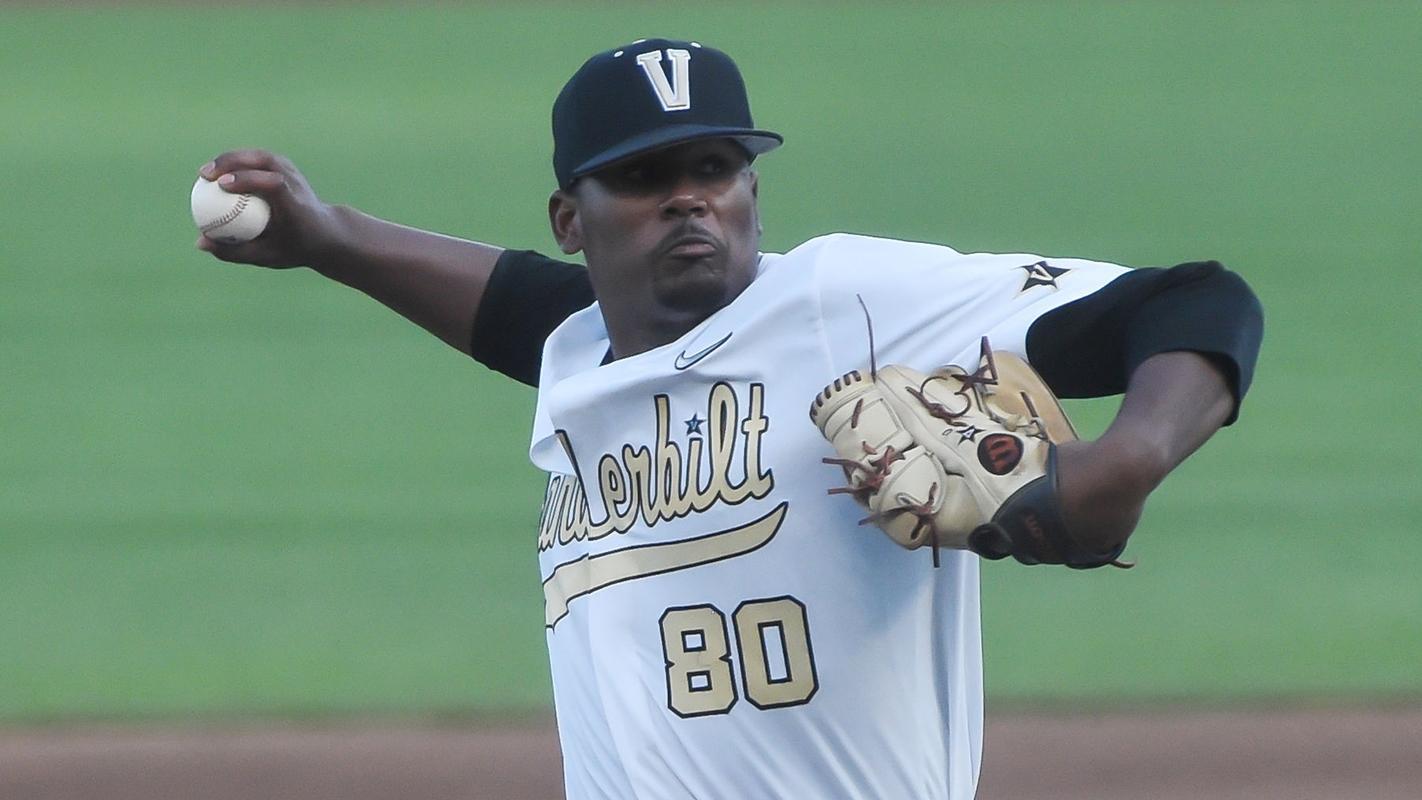 Jun 30, 2021; Omaha, Nebraska, USA; Vanderbilt Commodores pitcher Kumar Rocker (80) pitches in the fourth inning against the Mississippi St. Bulldogs at TD Ameritrade Park.