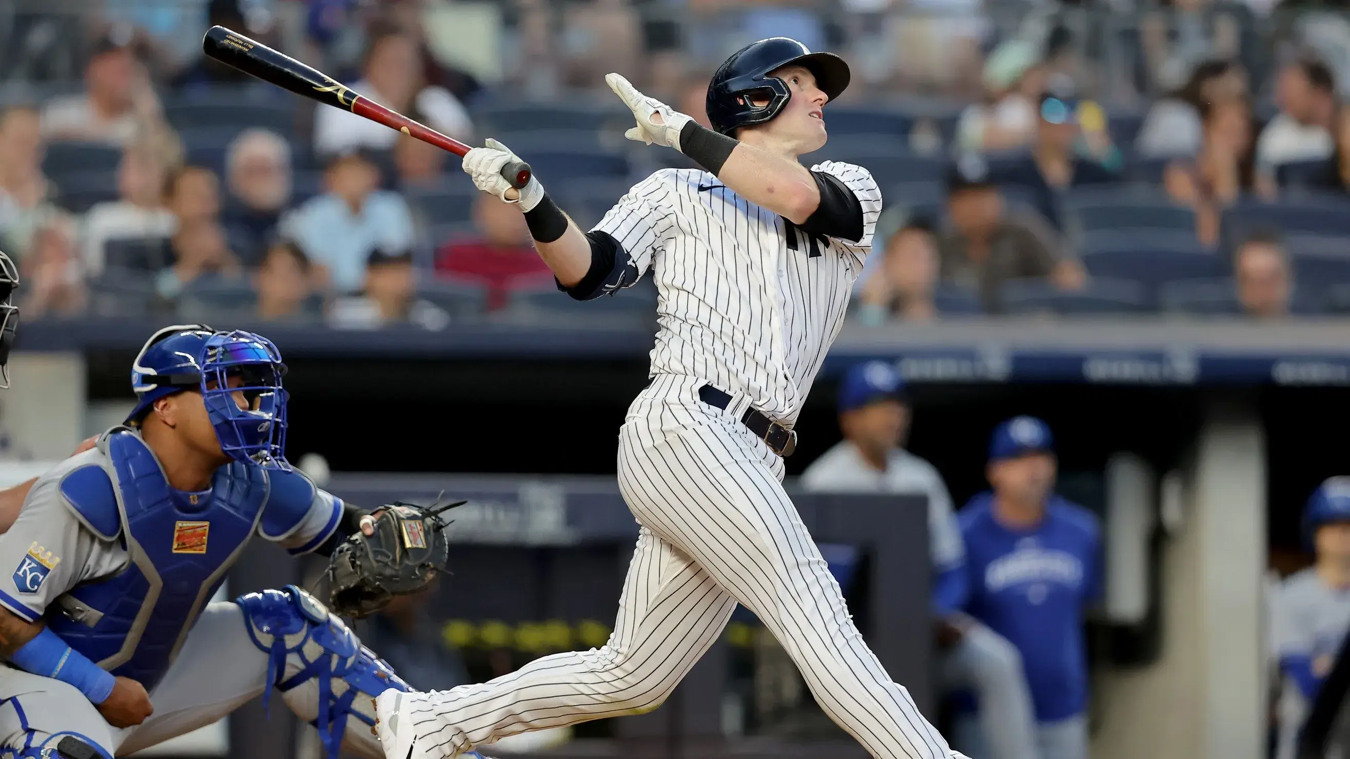 Jul 21, 2023; Bronx, New York, USA; New York Yankees center fielder Billy McKinney (57) follows through on a three run home run against the Kansas City Royals during the fourth inning at Yankee Stadium. / Brad Penner-USA TODAY Sports