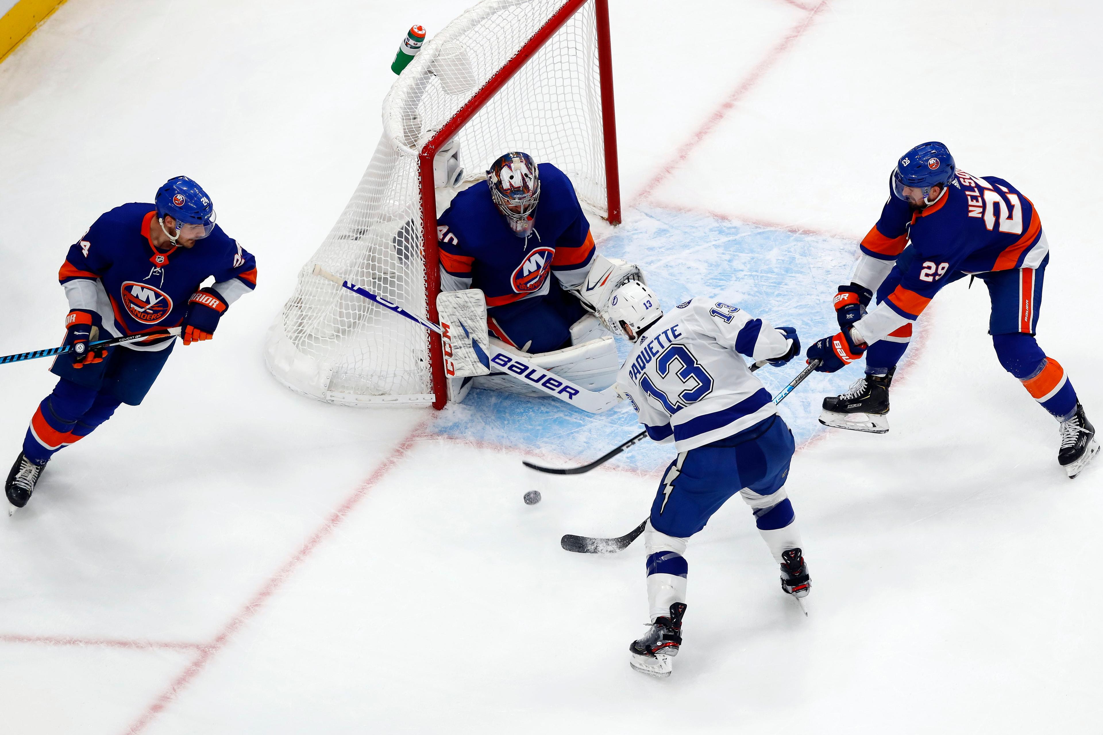 Sep 13, 2020; Edmonton, Alberta, CAN; New York Islanders goaltender Semyon Varlamov (40) and center Brock Nelson (29) defend against Tampa Bay Lightning center Cedric Paquette (13) in the third period in game four of the Eastern Conference Final of the 2020 Stanley Cup Playoffs at Rogers Place.