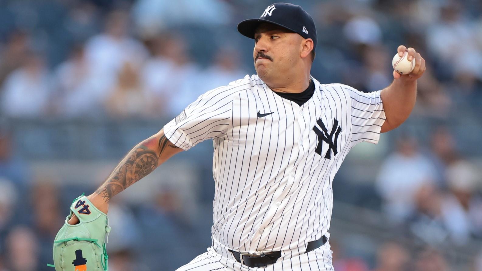 Jun 18, 2024; Bronx, New York, USA; New York Yankees starting pitcher Nestor Cortes (65) delivers a pitch during the first inning against the Baltimore Orioles at Yankee Stadium