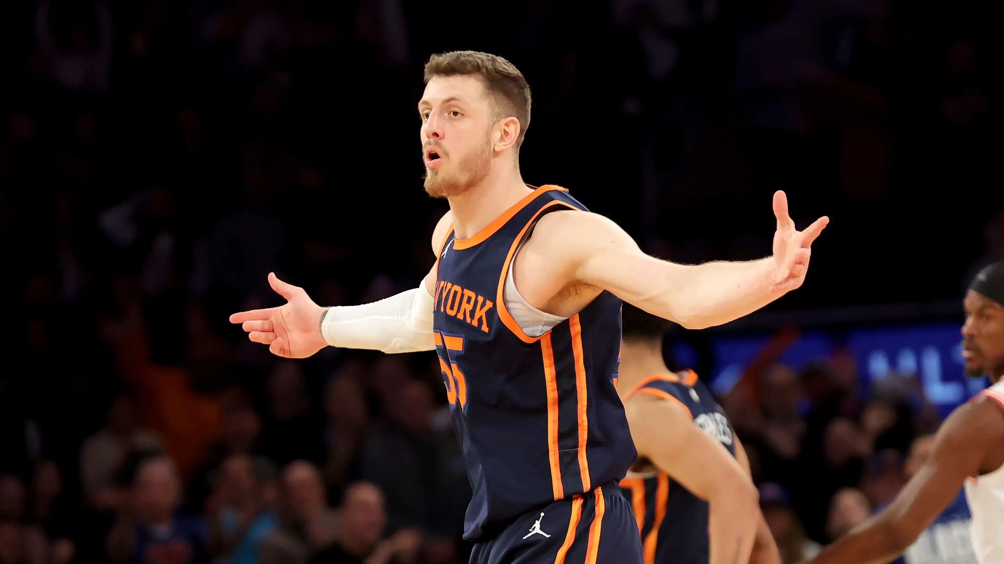 Feb 2, 2023; New York, New York, USA; New York Knicks center Isaiah Hartenstein (55) reacts during the fourth quarter against the Miami Heat at Madison Square Garden. Mandatory Credit: Brad Penner-USA TODAY Sports / © Brad Penner-USA TODAY Sports