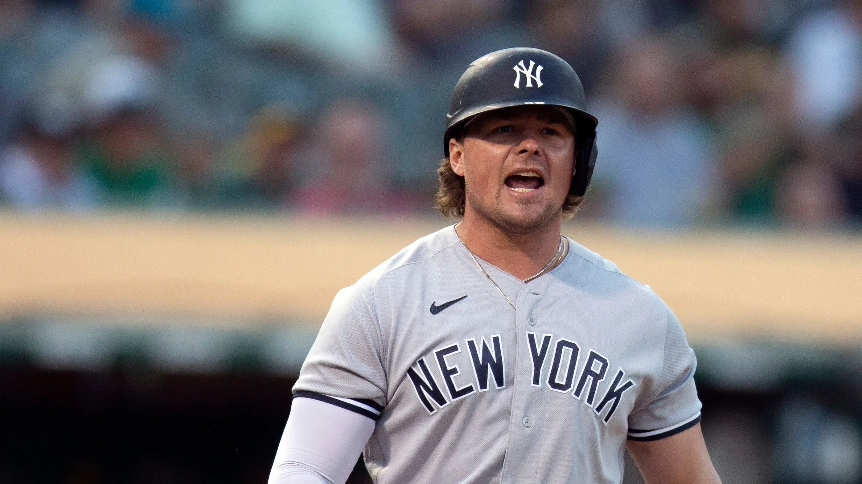 New York Yankees first baseman Luke Voit (59) reacts after striking out to end the New York half of the eighth inning against the Oakland Athletics at RingCentral Coliseum. / D. Ross Cameron-USA TODAY Sports