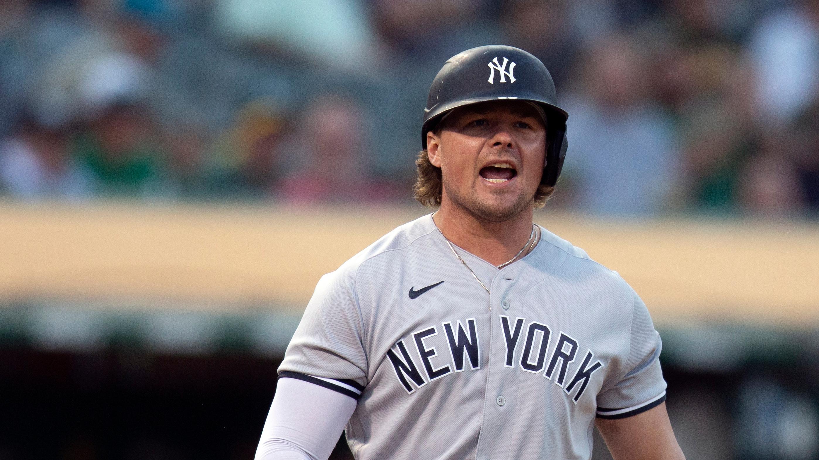 New York Yankees first baseman Luke Voit (59) reacts after striking out to end the New York half of the eighth inning against the Oakland Athletics at RingCentral Coliseum.