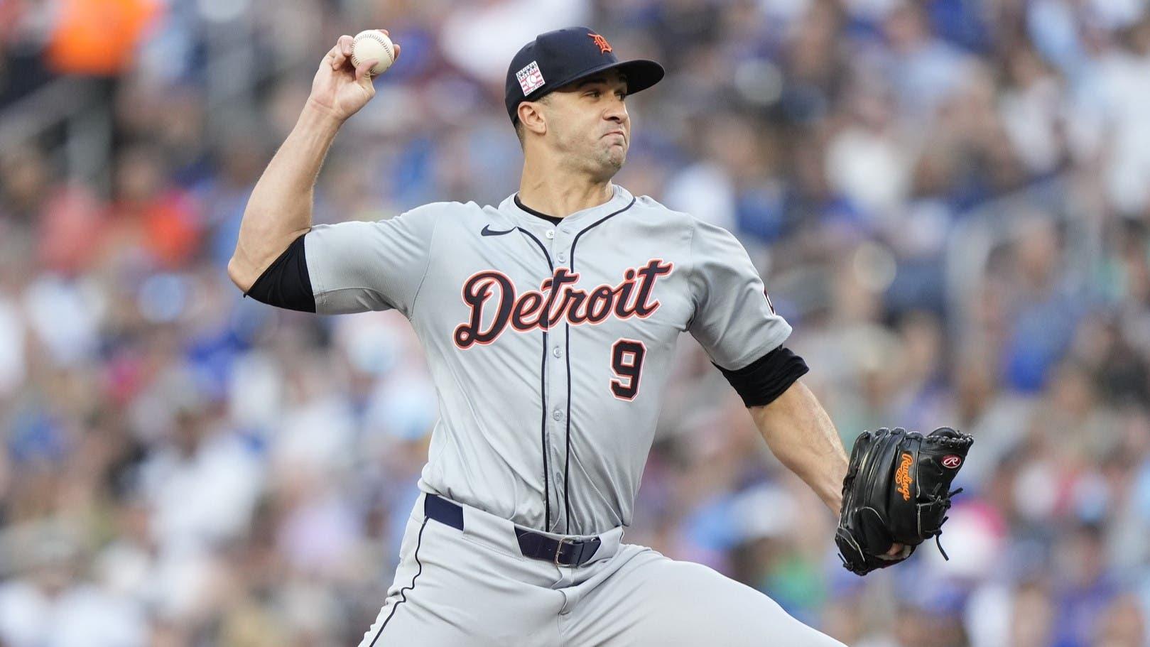 Jul 19, 2024; Toronto, Ontario, CAN; Detroit Tigers starting pitcher Jack Flaherty (9) pitches to the Toronto Blue Jays during the first inning at Rogers Centre. / John E. Sokolowski-USA TODAY Sports