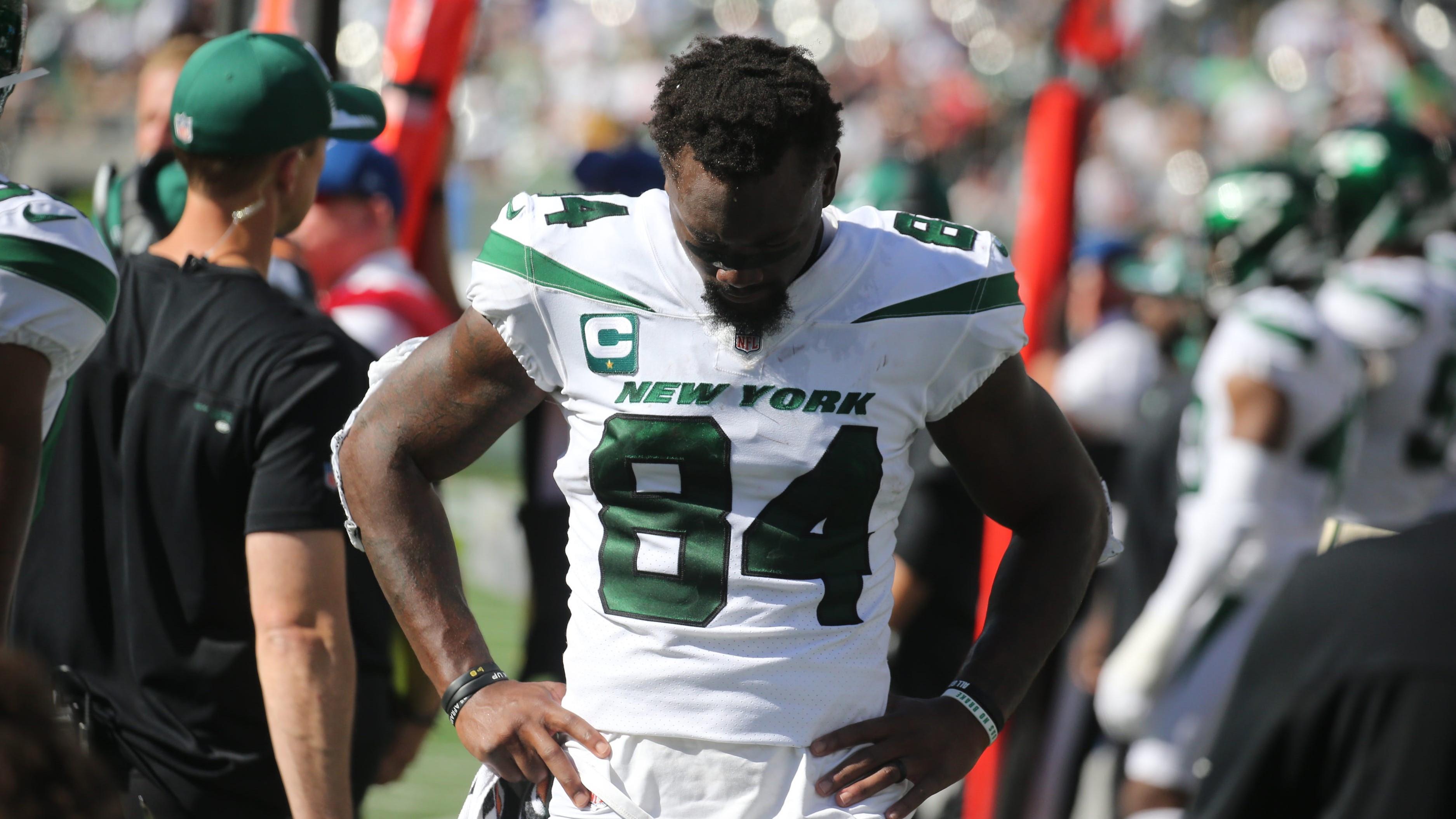 Corey Davis of the Jets on the sidelines in the second half as the New England Patriots defeated the NY Jets 25-6 at MetLife Stadium in East Rutherford, NJ on September 19, 2021.