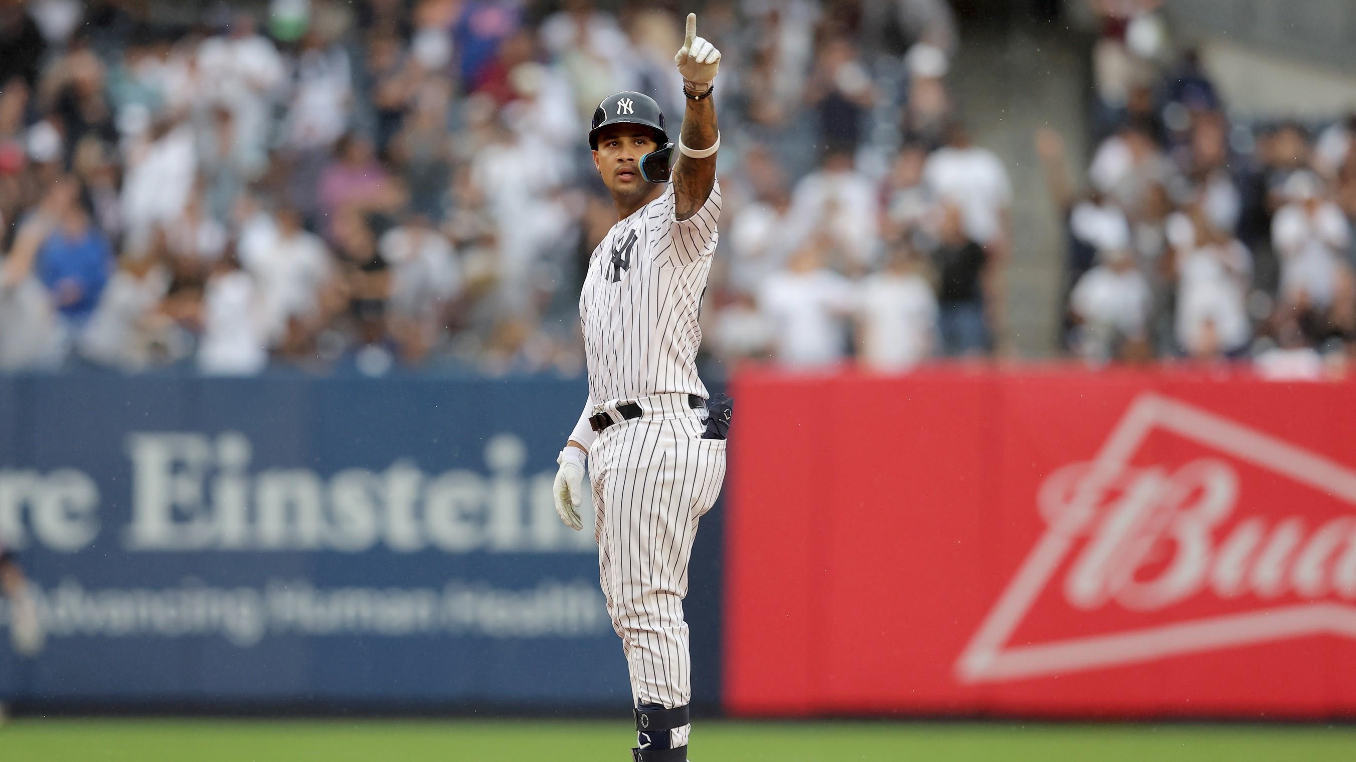 Aug 24, 2023; Bronx, New York, USA; New York Yankees left fielder Everson Pereira (80) reacts after hitting a double against the Washington Nationals during the eighth inning at Yankee Stadium. The hit was the first of his major league career.