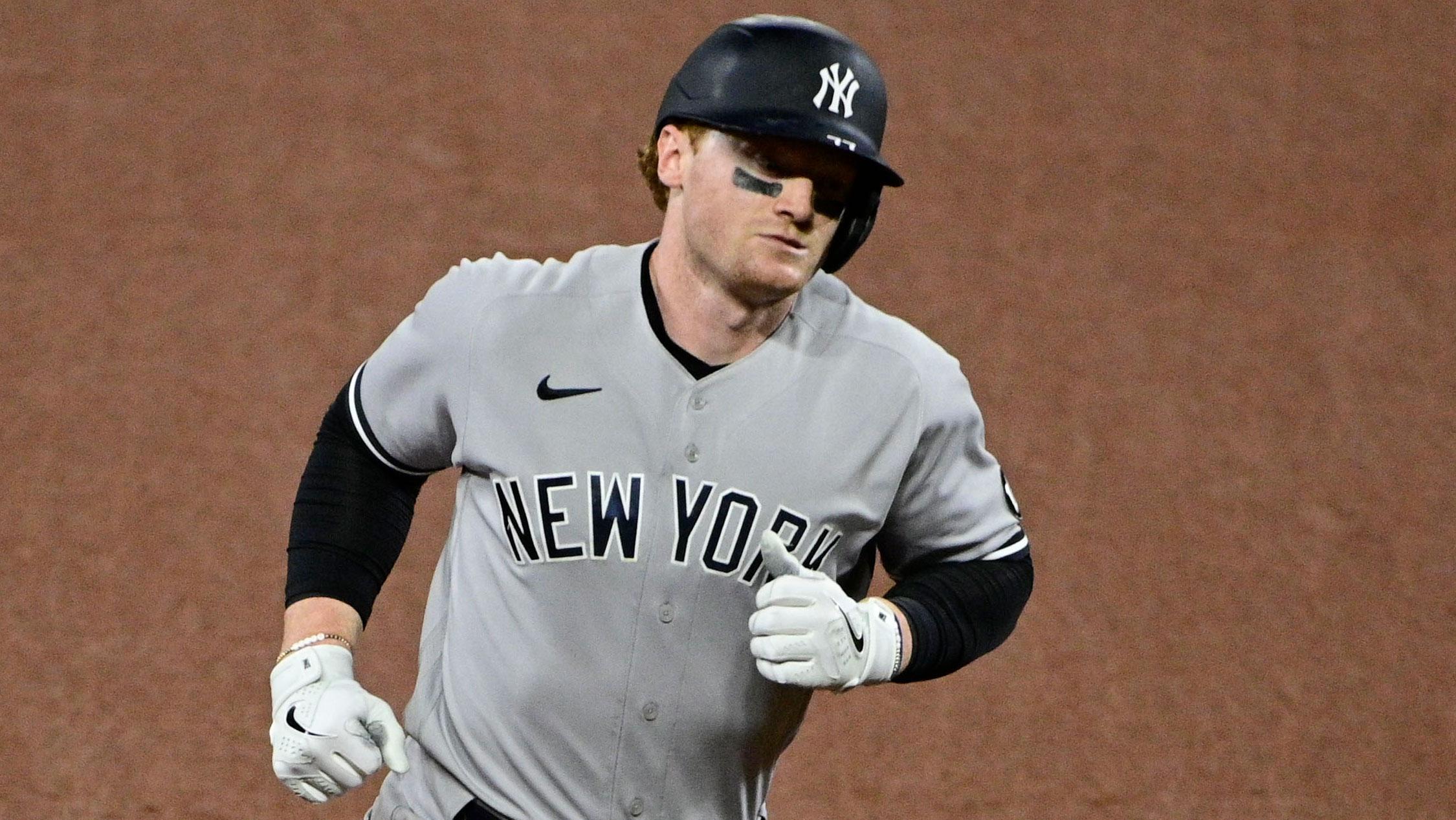 Apr 28, 2021; Baltimore, Maryland, USA; New York Yankees left fielder Clint Frazier (77) rounds the bases after hitting a solo home ruin in the eighth inning against the Baltimore Orioles at Oriole Park at Camden Yards.