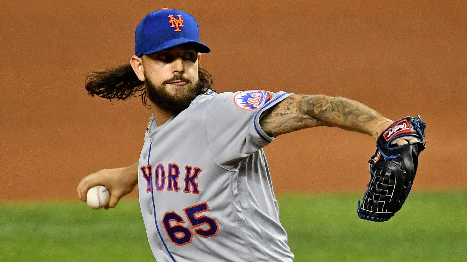 Aug 17, 2020; Miami, Florida, USA; New York Mets relief pitcher Robert Gsellman (65) delivers a pitch in the first inning against the Miami Marlins at Marlins Park.