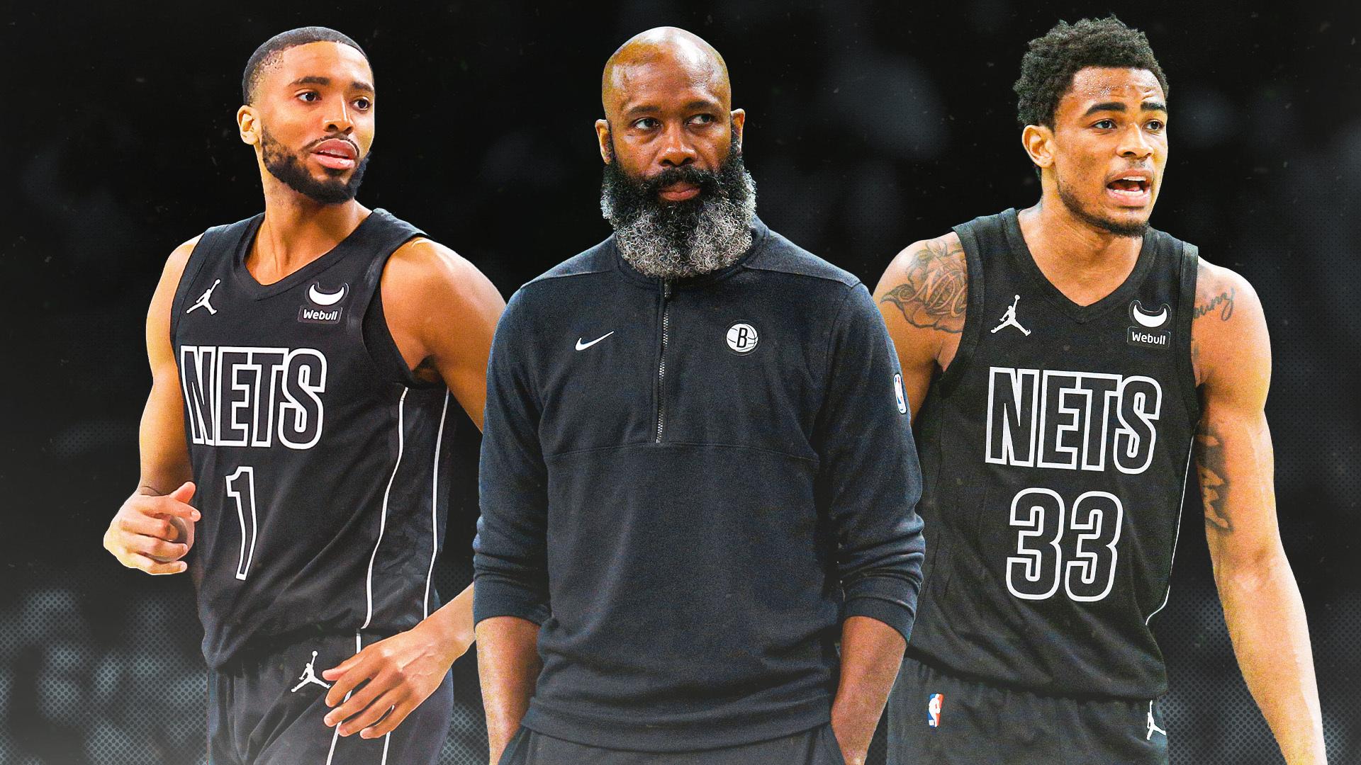 The Brookly Nets' Mikal Bridges, Jacque Vaughn, and Nic Claxton.