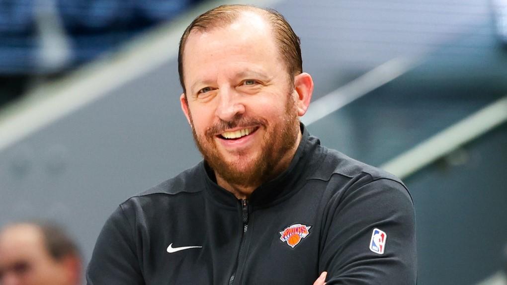 Jan 11, 2024; Dallas, Texas, USA; New York Knicks head coach Tom Thibodeau smiles during the second half against the Dallas Mavericks at American Airlines Center.